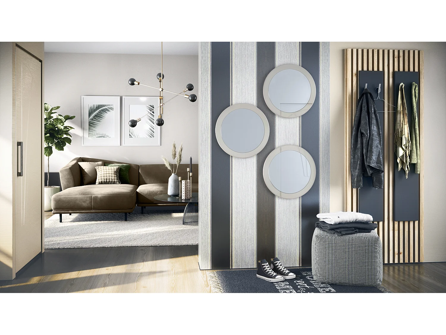 Set di 3 specchi Globe 50 cm, 3 specchi decorativi rotondi da parete per corridoio e soggiorno, cornice in MDF in grigio sabbia lucido