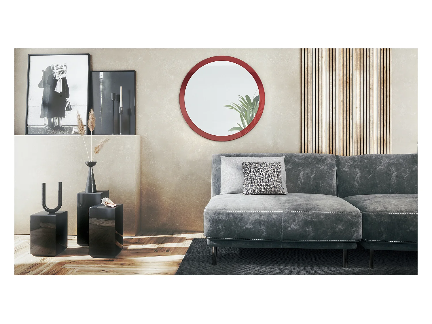 Globe Miroir 80 cm, Miroir Murale Rond Décoratif pour Couloir et Salon avec Cadre en MDF en bordeaux haute brillance