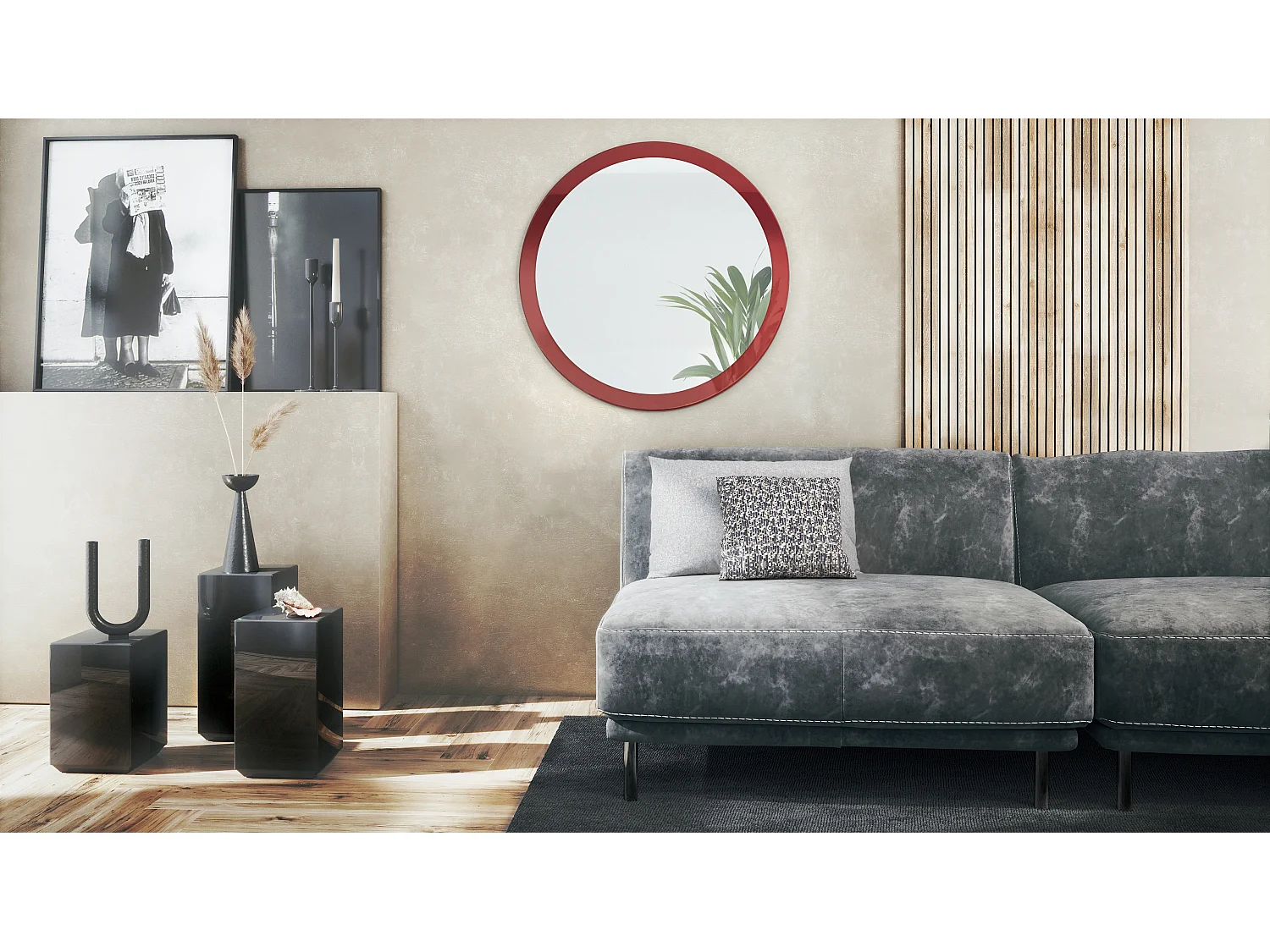 Globe Miroir 80 cm, Miroir Murale Rond Décoratif pour Couloir et Salon avec Cadre en MDF en bordeaux haute brillance