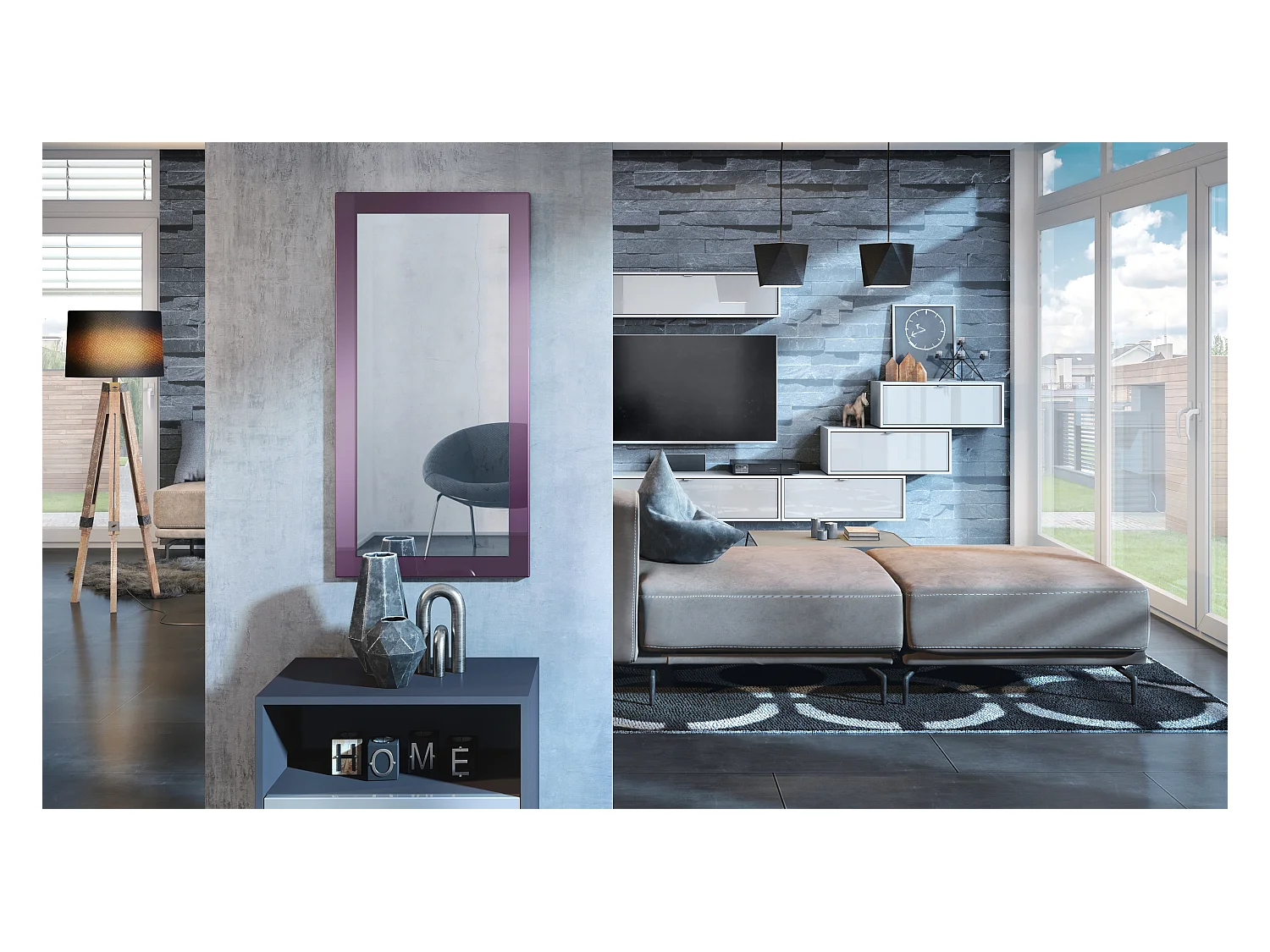 Miroir Lima, Miroir mural avec cadre de style moderne, Blanc haute brillance (89 x 45 cm)