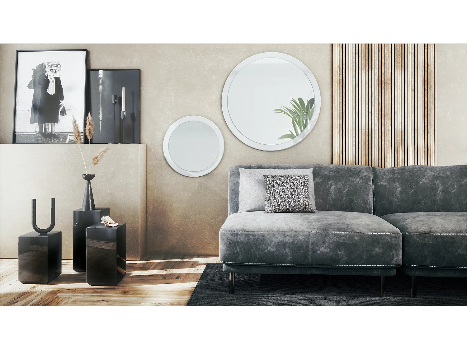 Miroir Globe Set 50 et 80 cm, 2 miroirs muraux ronds décoratifs pour l'entrée et le salon avec cadre en MDF blanc haute brillance