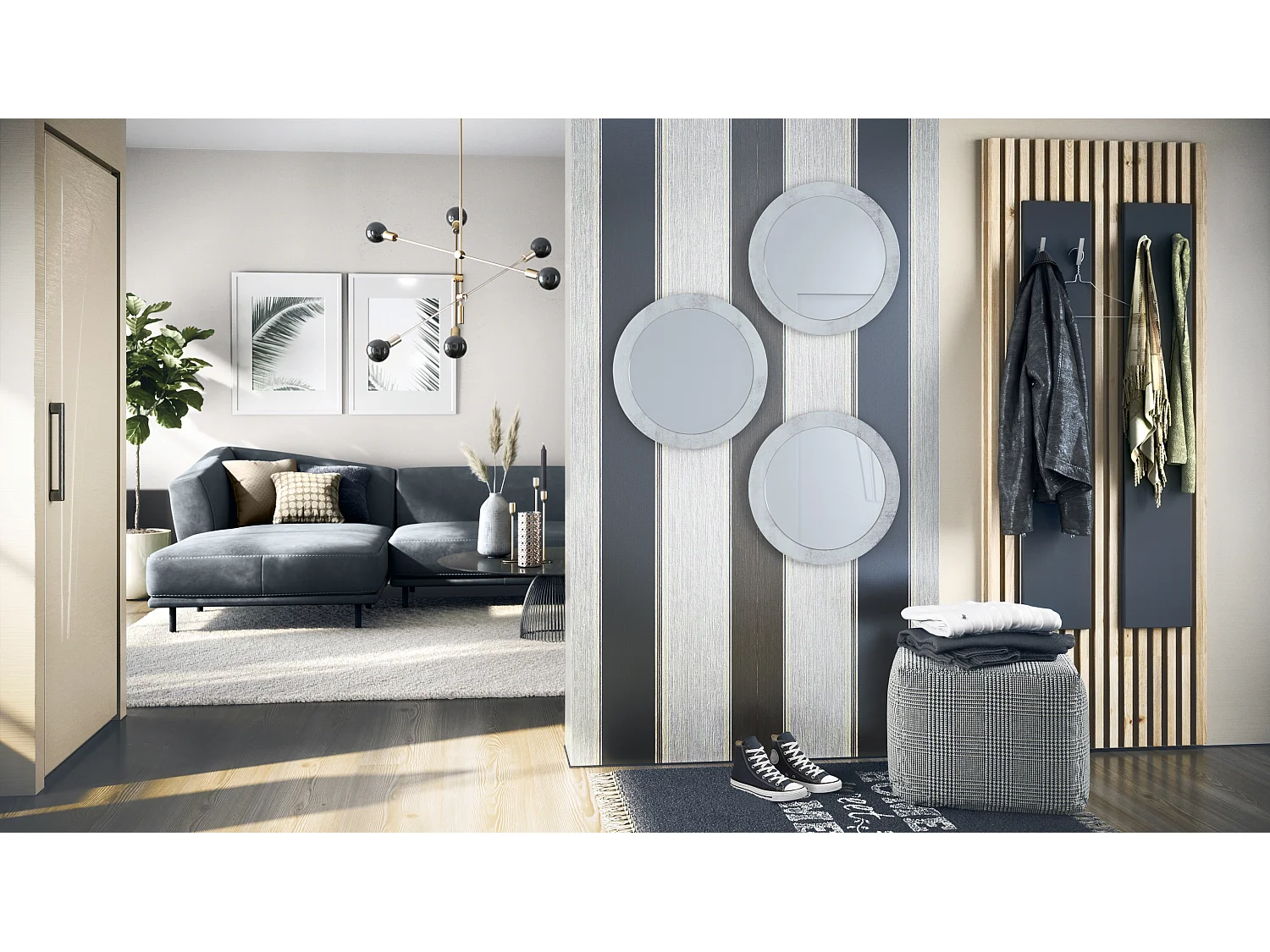 Miroir Globe 50 cm, lot de 3, miroirs muraux ronds décoratifs pour l'entrée et le salon avec cadre en MDF aspect béton oxyde