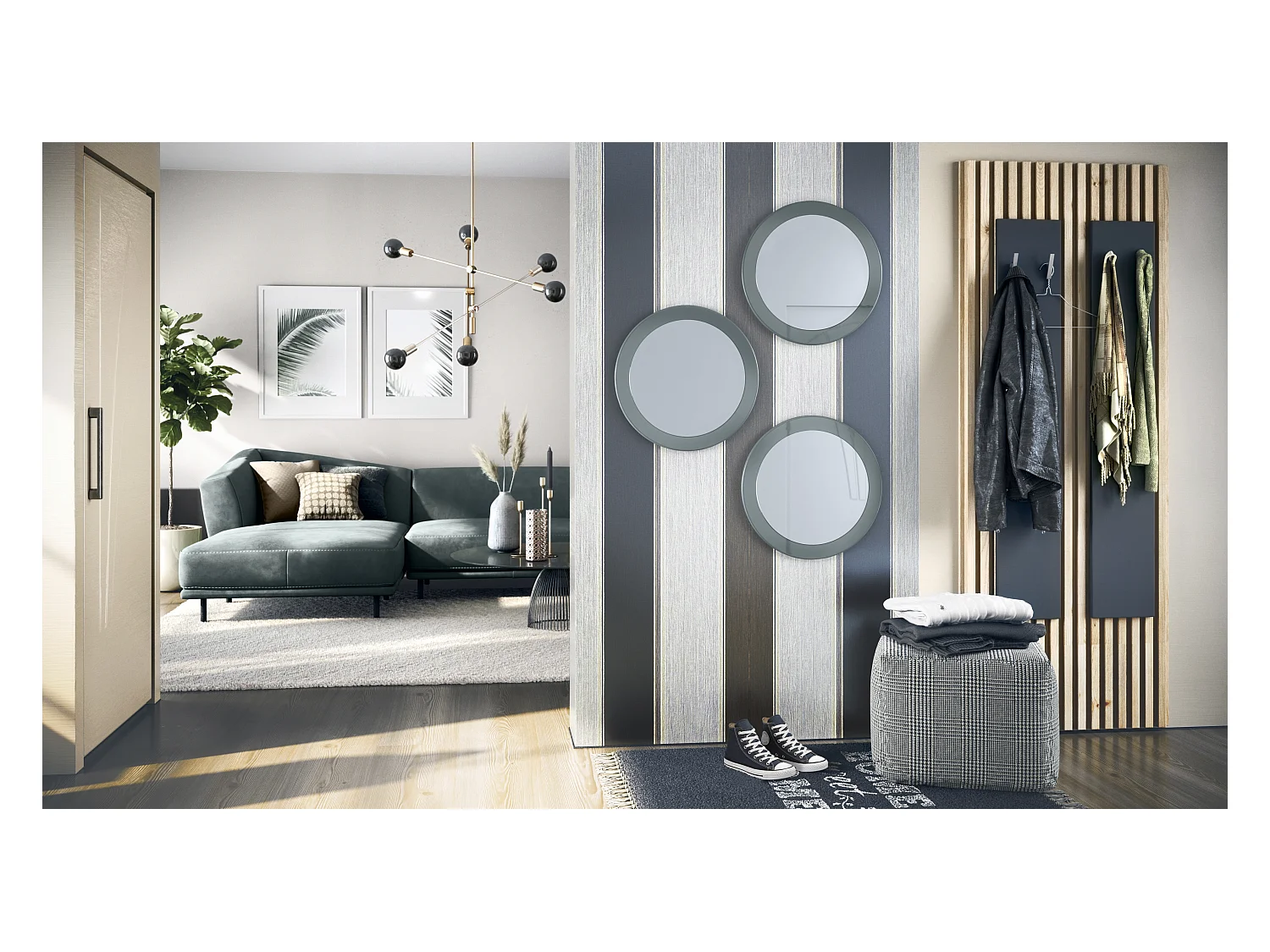 Miroir Globe 50 cm, lot de 3, miroirs muraux ronds décoratifs pour l'entrée et le salon avec cadre en MDF gris haute brillance