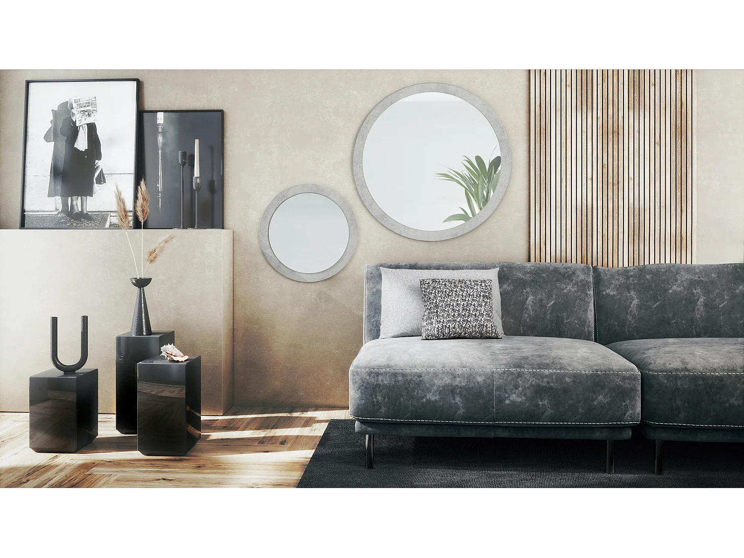 Juego de espejos Globo 50 y 80 cm, 2 espejos de pared redondos decorativos para pasillo y salón con marco de MDF en hormigón oxidado