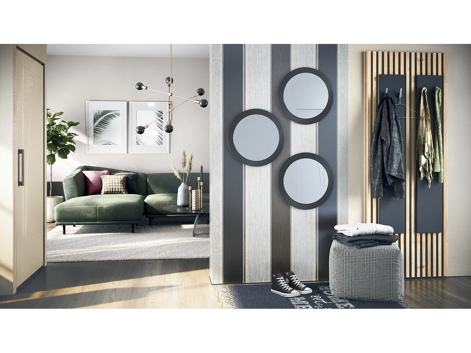 Miroir Globe 50 cm, lot de 3, miroirs muraux ronds décoratifs pour l'entrée et le salon avec cadre en MDF noir mat