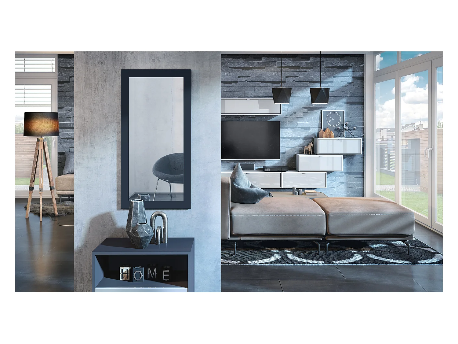 Miroir Lima, Miroir mural avec cadre de style moderne, Blanc haute brillance (89 x 45 cm)