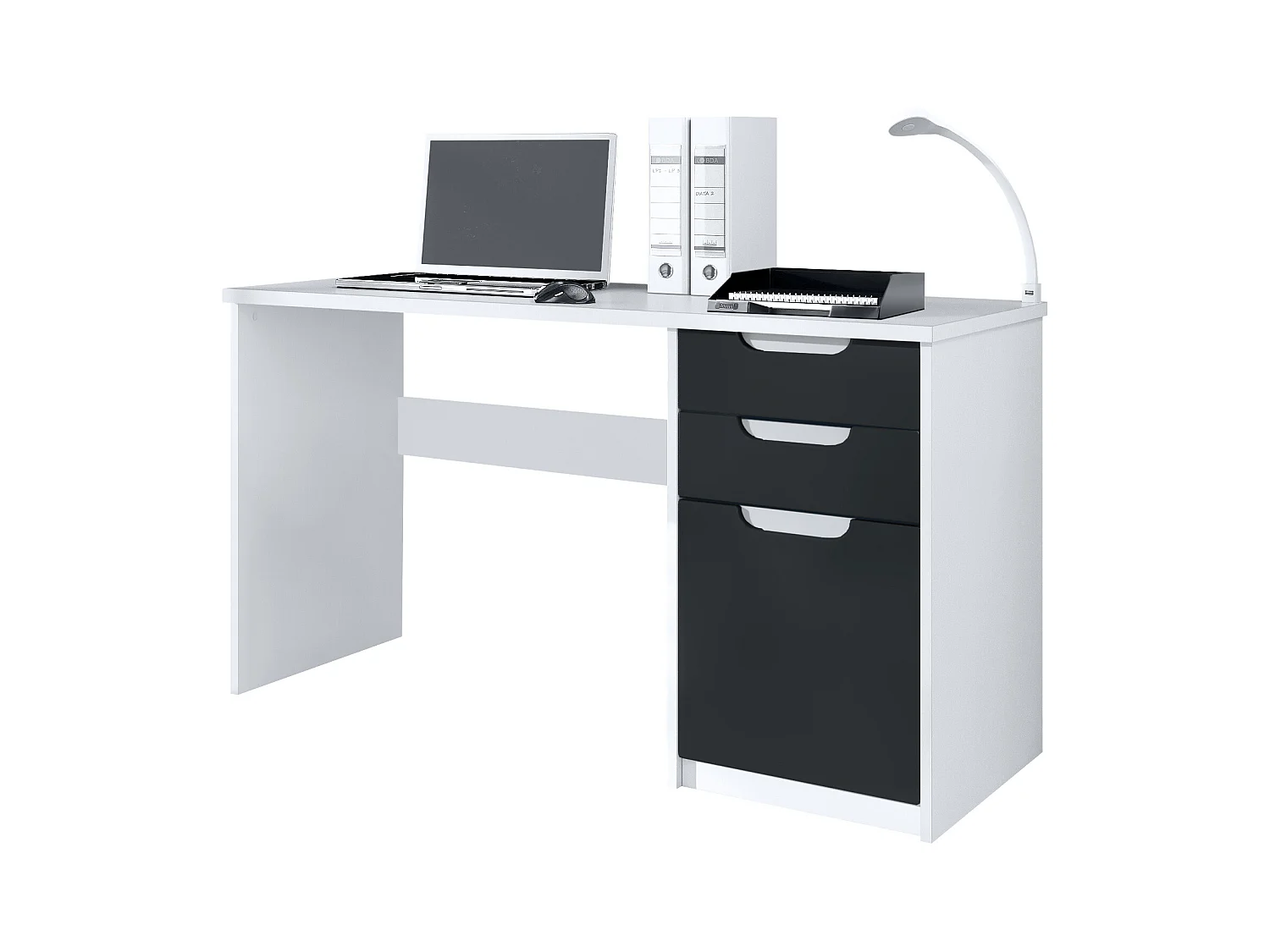 Logan Desk, scrivania per ufficio con 2 cassetti e 1 anta, bianco opaco/nero opaco (129 x 76 x 60 cm)