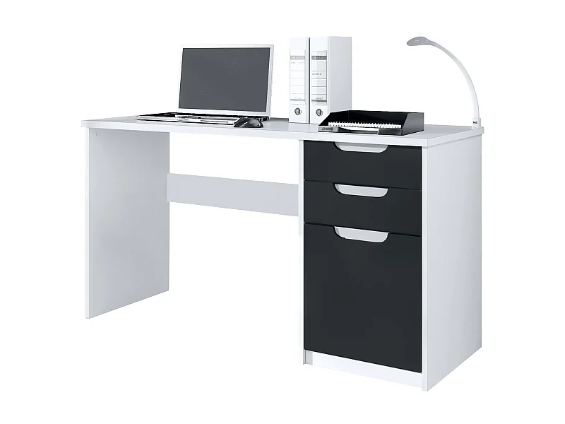 Escritorio Logan, Mesa Oficina con 2 Cajones y 1 Puerta, blanco mate/negro mate (129 x 76 x 60 cm)