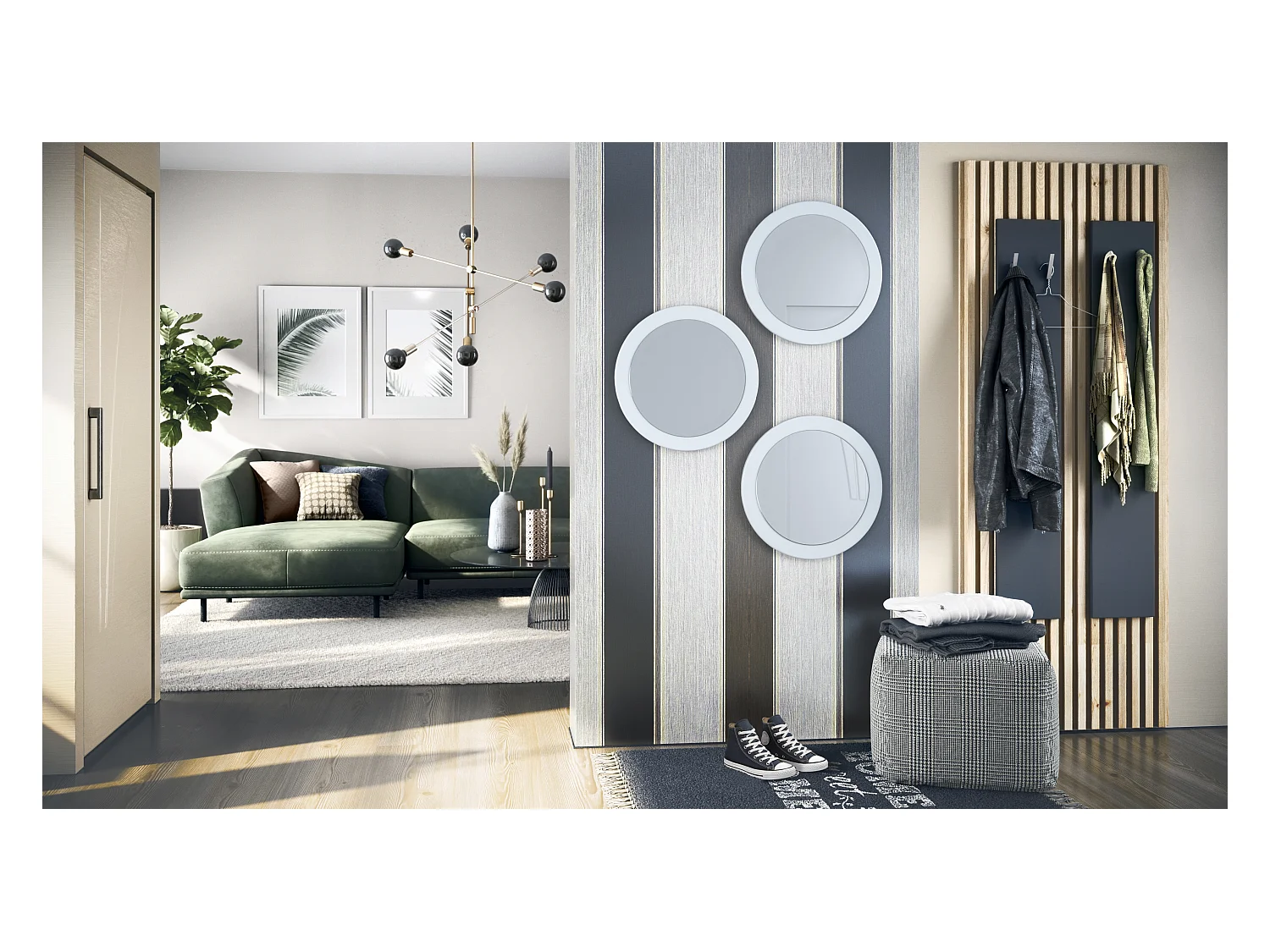 Miroir Globe 50 cm, lot de 3, miroirs muraux ronds décoratifs pour l'entrée et le salon avec cadre en MDF blanc mat