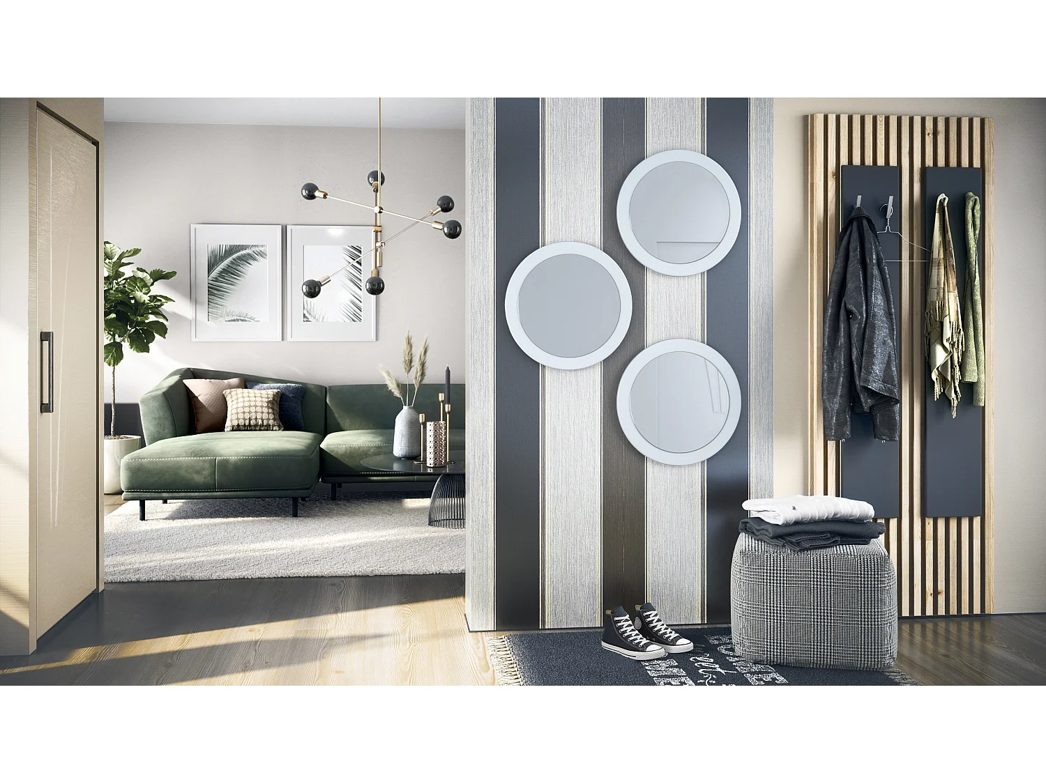 Miroir Globe 50 cm, lot de 3, miroirs muraux ronds décoratifs pour l'entrée et le salon avec cadre en MDF blanc mat