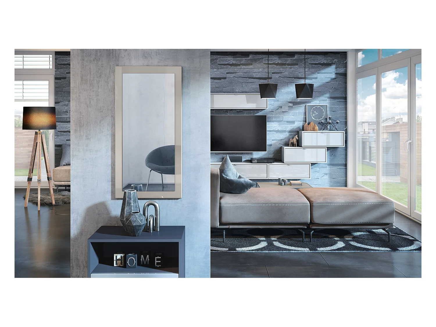 Miroir Lima, Miroir mural avec cadre de style moderne, Blanc haute brillance (89 x 45 cm)