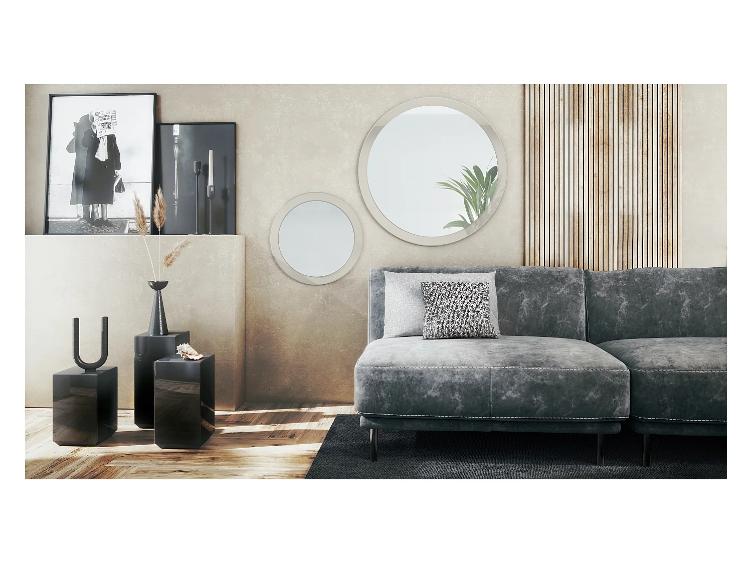 Miroir Globe Set 50 et 80 cm, 2 miroirs muraux ronds décoratifs pour l'entrée et le salon avec cadre en MDF gris sable haute brillance