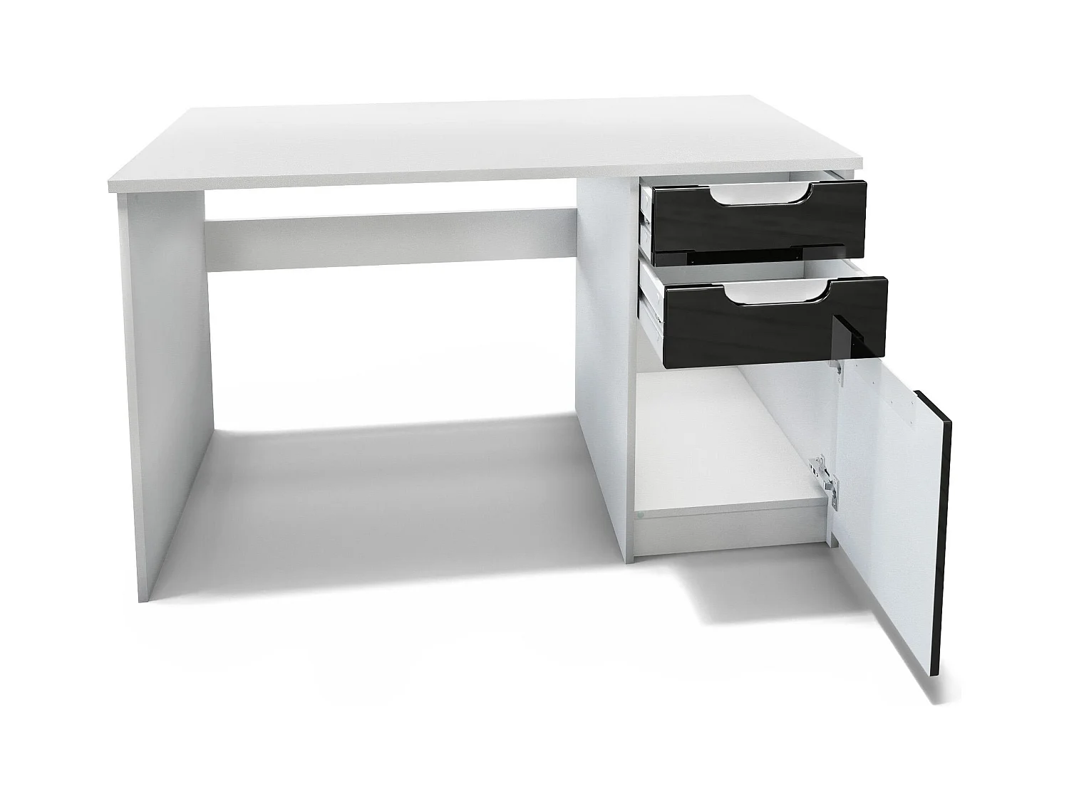 Bureau Logan, Petit bureau avec 2 tiroirs et d’une porte, blanc mat/gris clair satiné mat (129 x 76 x 60 cm)