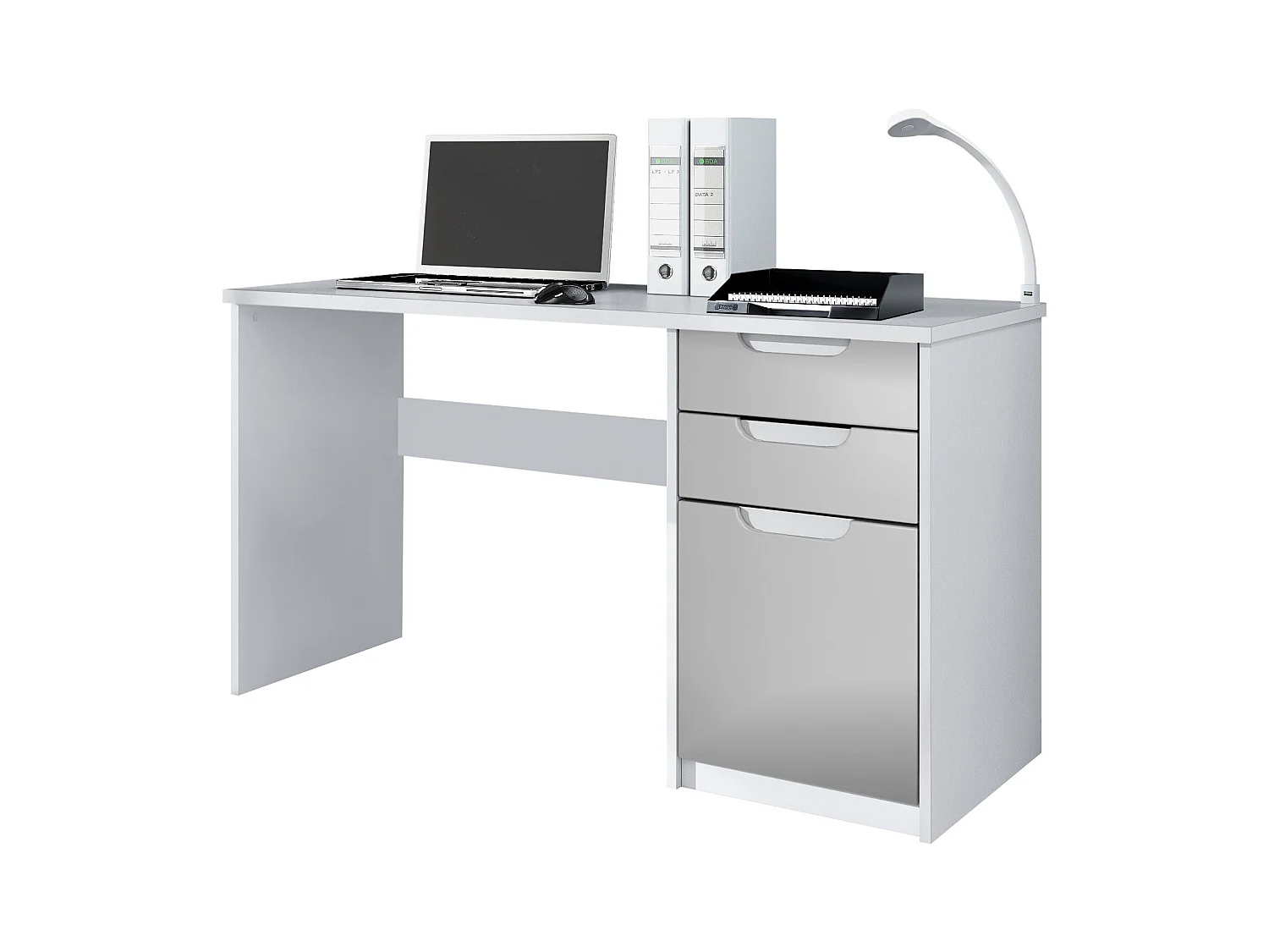 Bureau Logan, Petit bureau avec 2 tiroirs et d’une porte, blanc mat/gris clair satiné mat (129 x 76 x 60 cm)