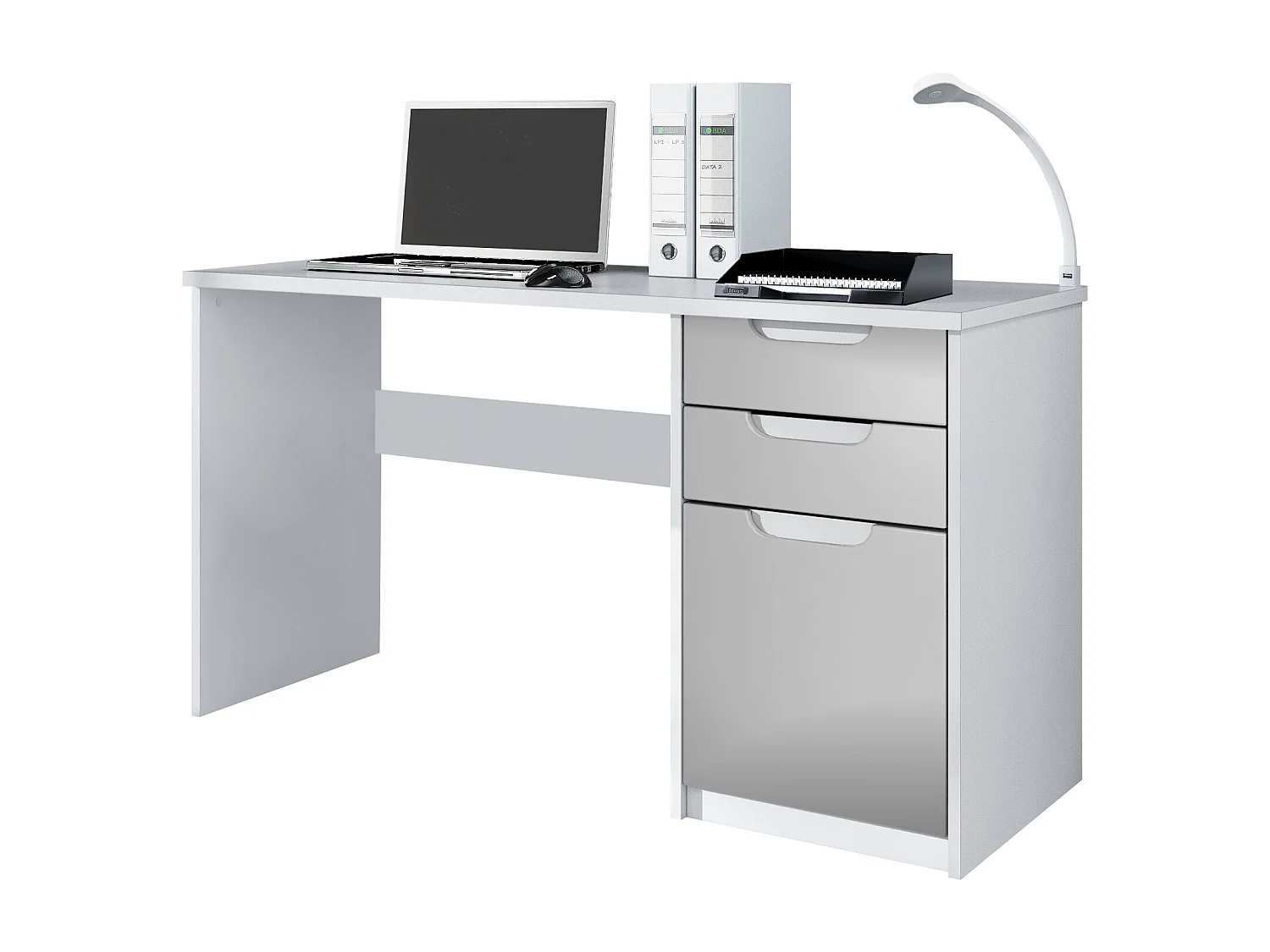 Logan Desk, scrivania per ufficio con 2 cassetti e 1 anta, bianco opaco/grigio chiaro semilucido (129 x 76 x 60 cm)
