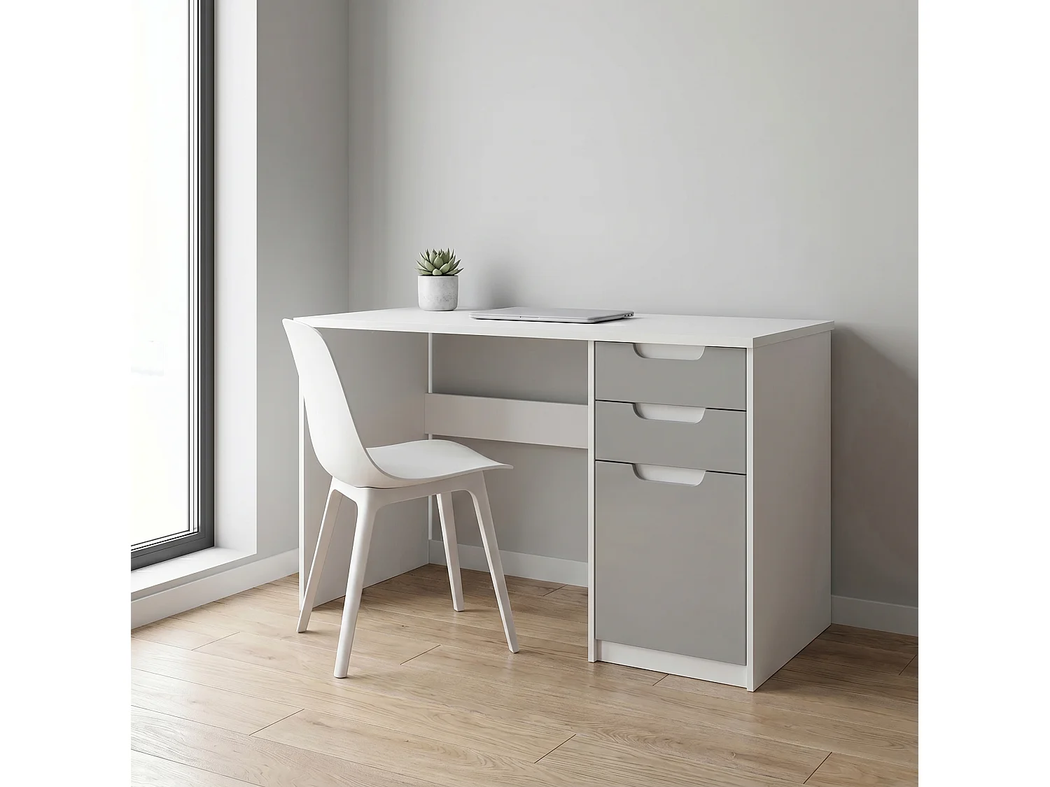 Escritorio Logan, Mesa Oficina con 2 Cajones y 1 Puerta, blanco mate/gris claro satinado (129 x 76 x 60 cm)