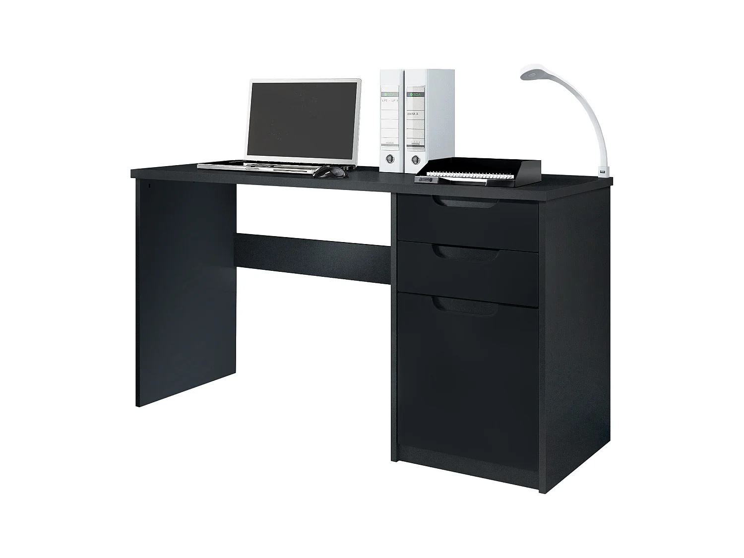 Bureau Logan, Petit bureau avec 2 tiroirs et d’une porte, noir mat/noir mat (129 x 76 x 60 cm)