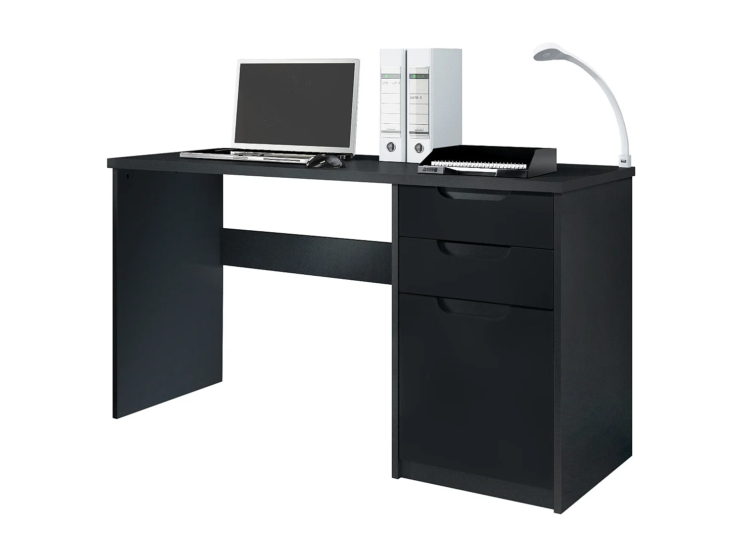 Logan Desk, scrivania per ufficio con 2 cassetti e 1 anta, nero opaco/nero opaco (129 x 76 x 60 cm)