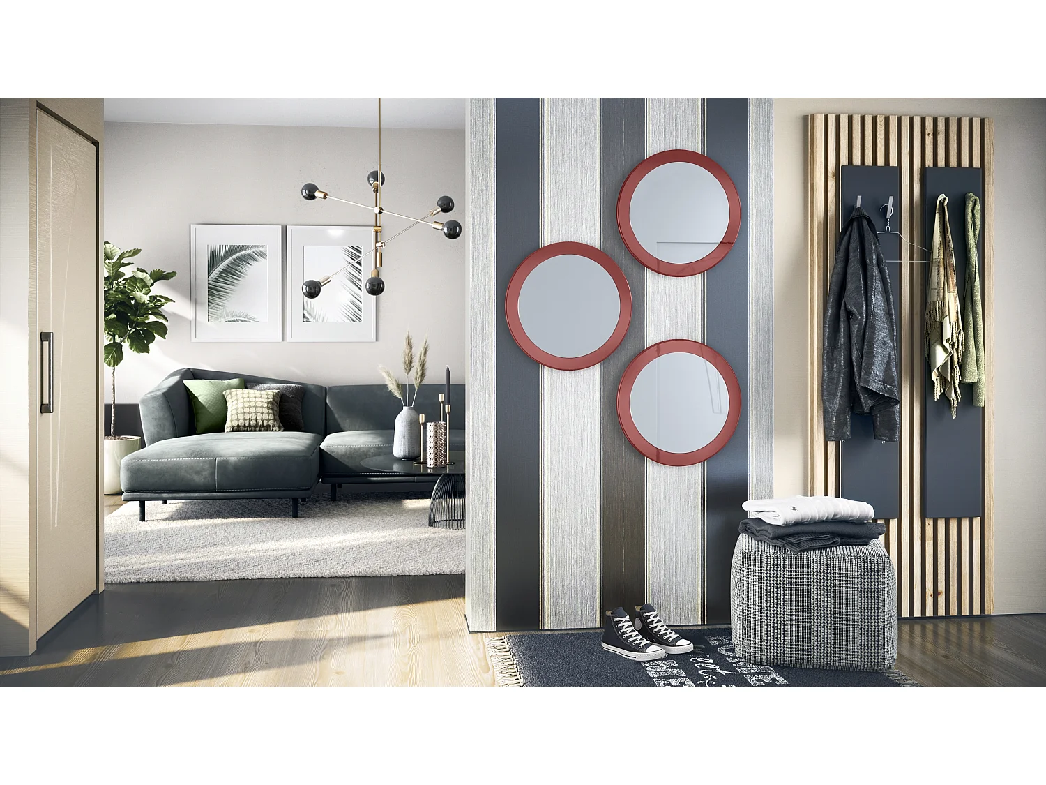 Miroir Globe 50 cm, lot de 3, miroirs muraux ronds décoratifs pour l'entrée et le salon avec cadre en MDF bordeaux haute brillance