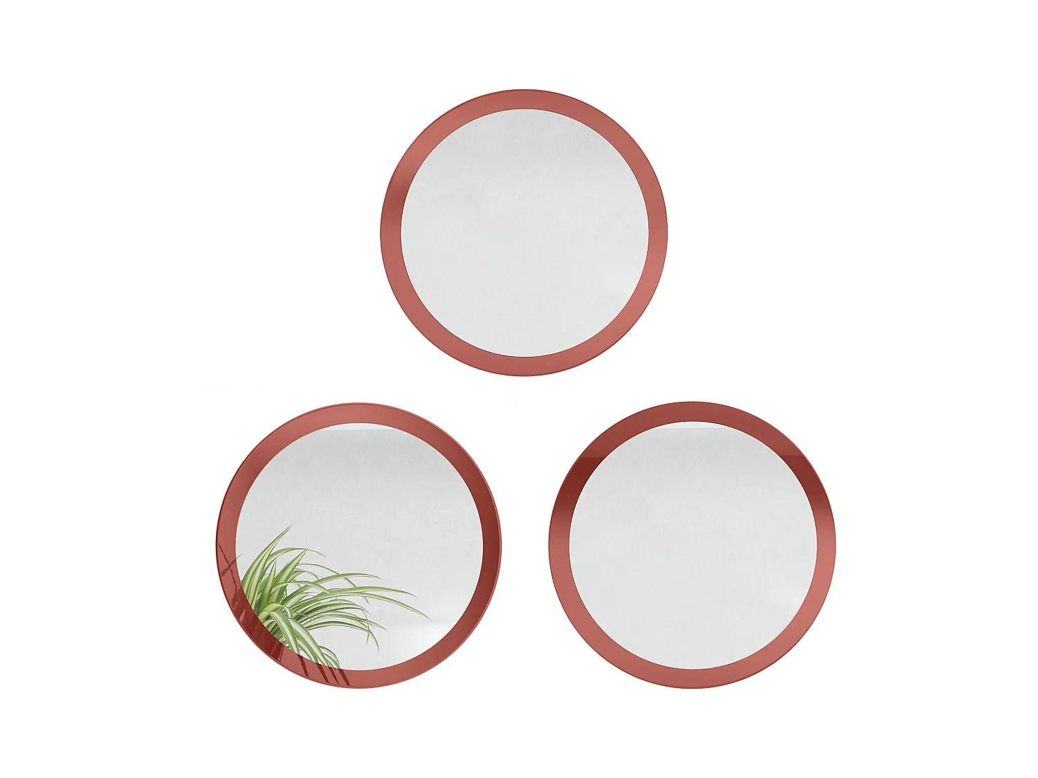 Miroir Globe 50 cm, lot de 3, miroirs muraux ronds décoratifs pour l'entrée et le salon avec cadre en MDF bordeaux haute brillance