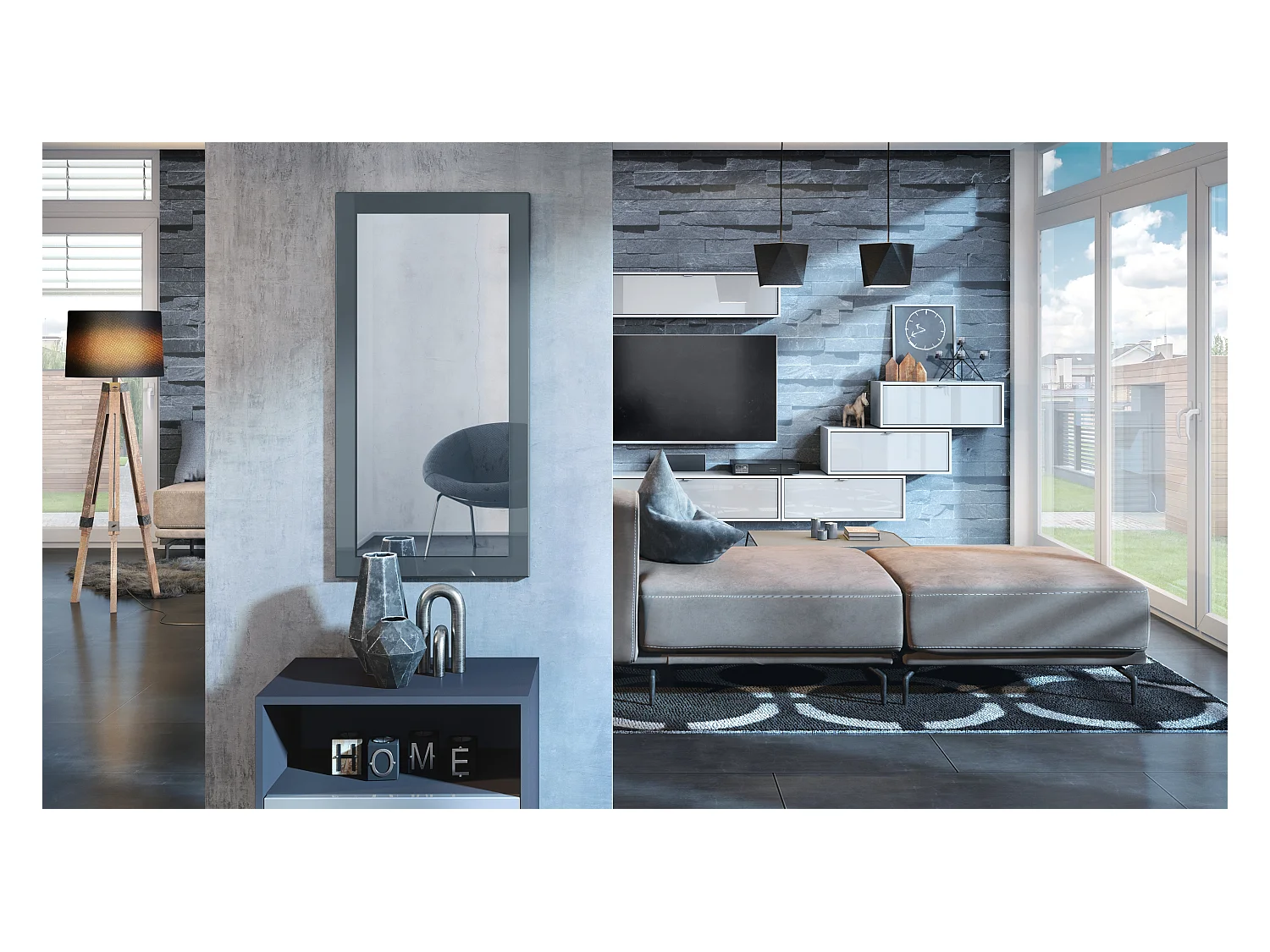 Miroir Lima, Miroir mural avec cadre de style moderne, Blanc haute brillance (89 x 45 cm)