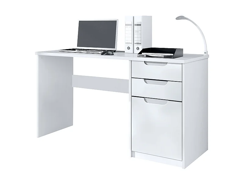 Escritorio Logan, Mesa Oficina con 2 Cajones y 1 Puerta, blanco mate/blanco mate (129 x 76 x 60 cm)