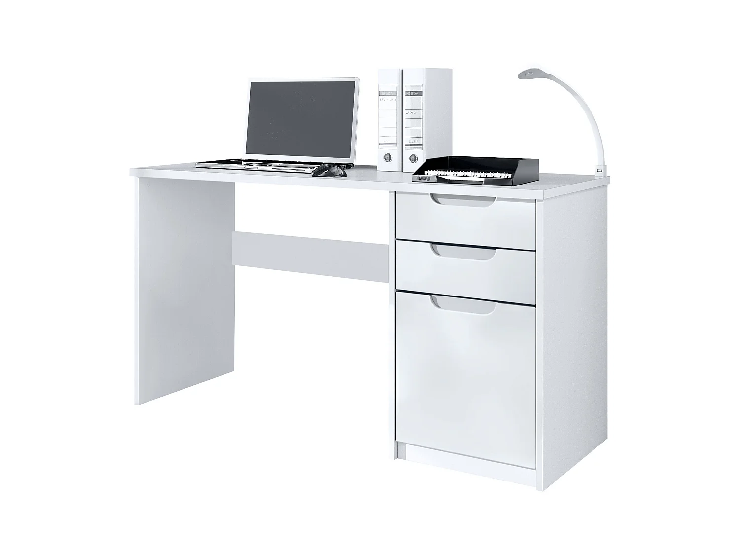 Bureau Logan, Petit bureau avec 2 tiroirs et d’une porte, blanc mat/blanc mat (129 x 76 x 60 cm)