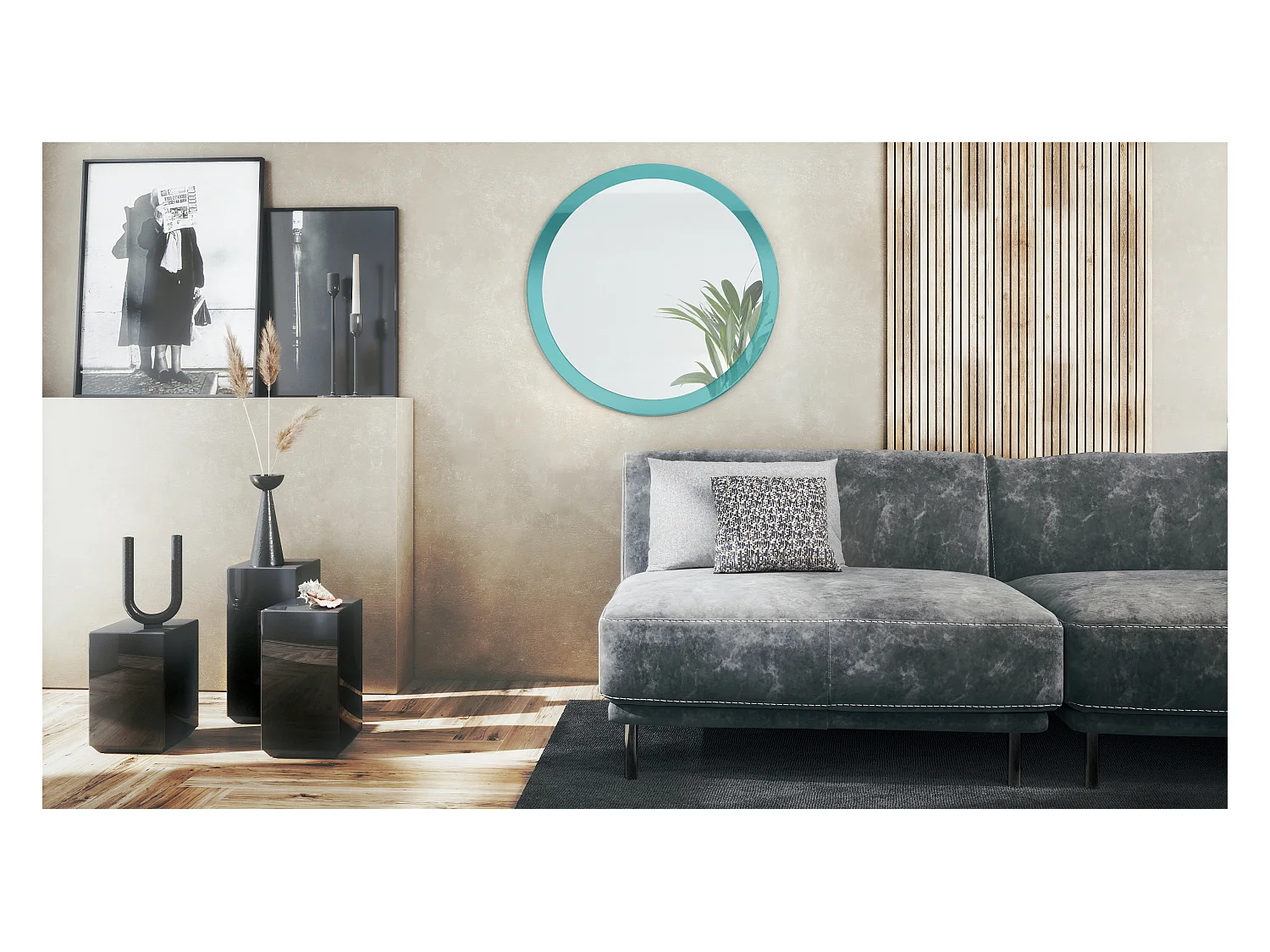 Globe Miroir 80 cm, Miroir Murale Rond Décoratif pour Couloir et Salon avec Cadre en MDF en turquoise haute brillance