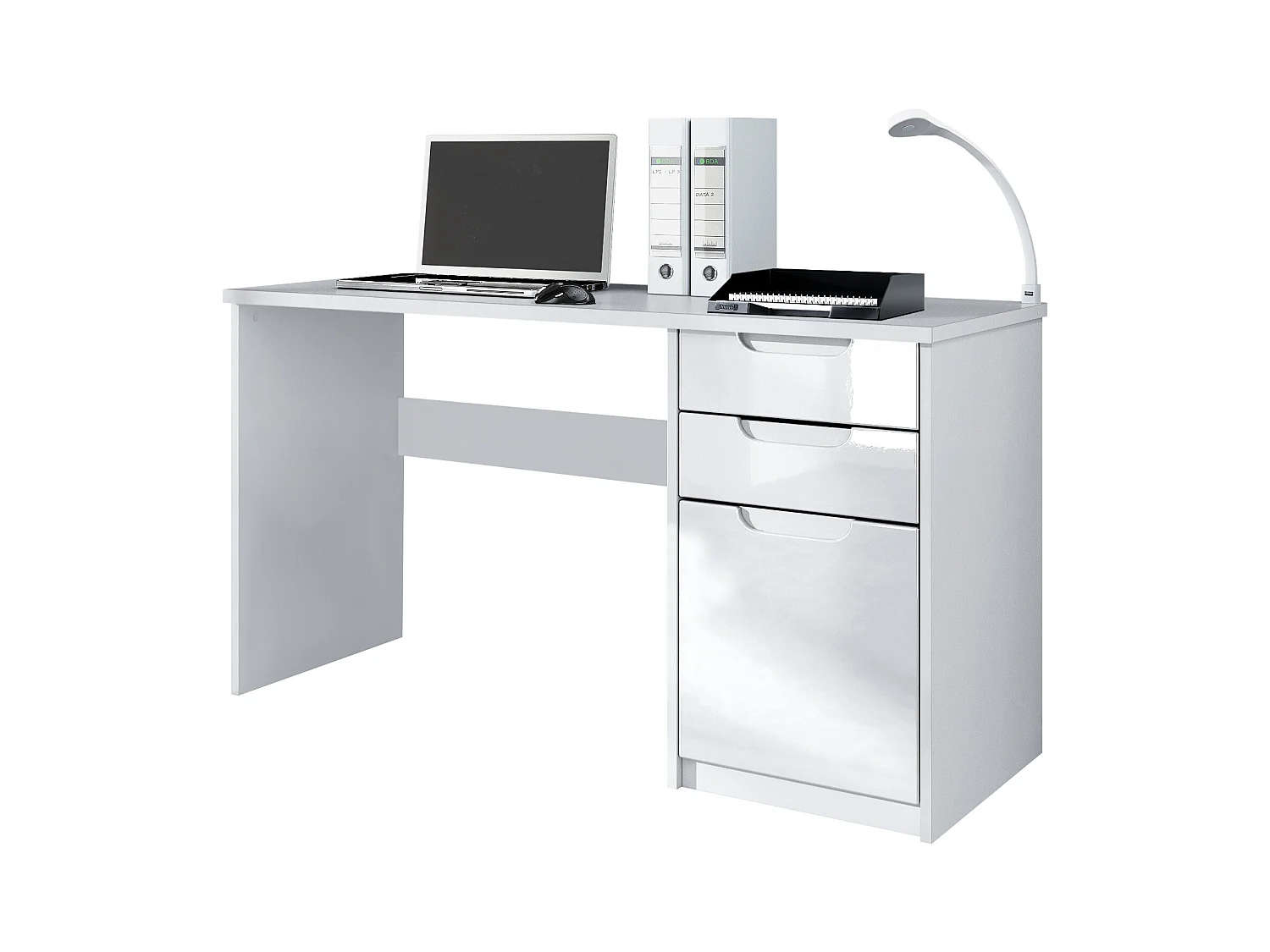 Bureau Logan, Petit bureau avec 2 tiroirs et d’une porte, blanc mat/blanc haute brillance (129 x 76 x 60 cm)