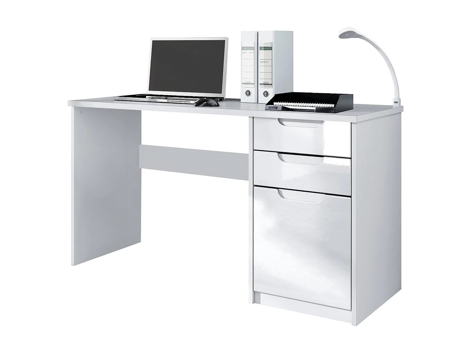 Logan Desk, scrivania per ufficio con 2 cassetti e 1 anta, bianco opaco/bianco lucido (129 x 76 x 60 cm)