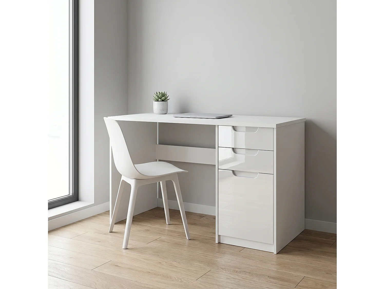 Escritorio Logan, Mesa Oficina con 2 Cajones y 1 Puerta, blanco mate/blanco de alto brillo (129 x 76 x 60 cm)
