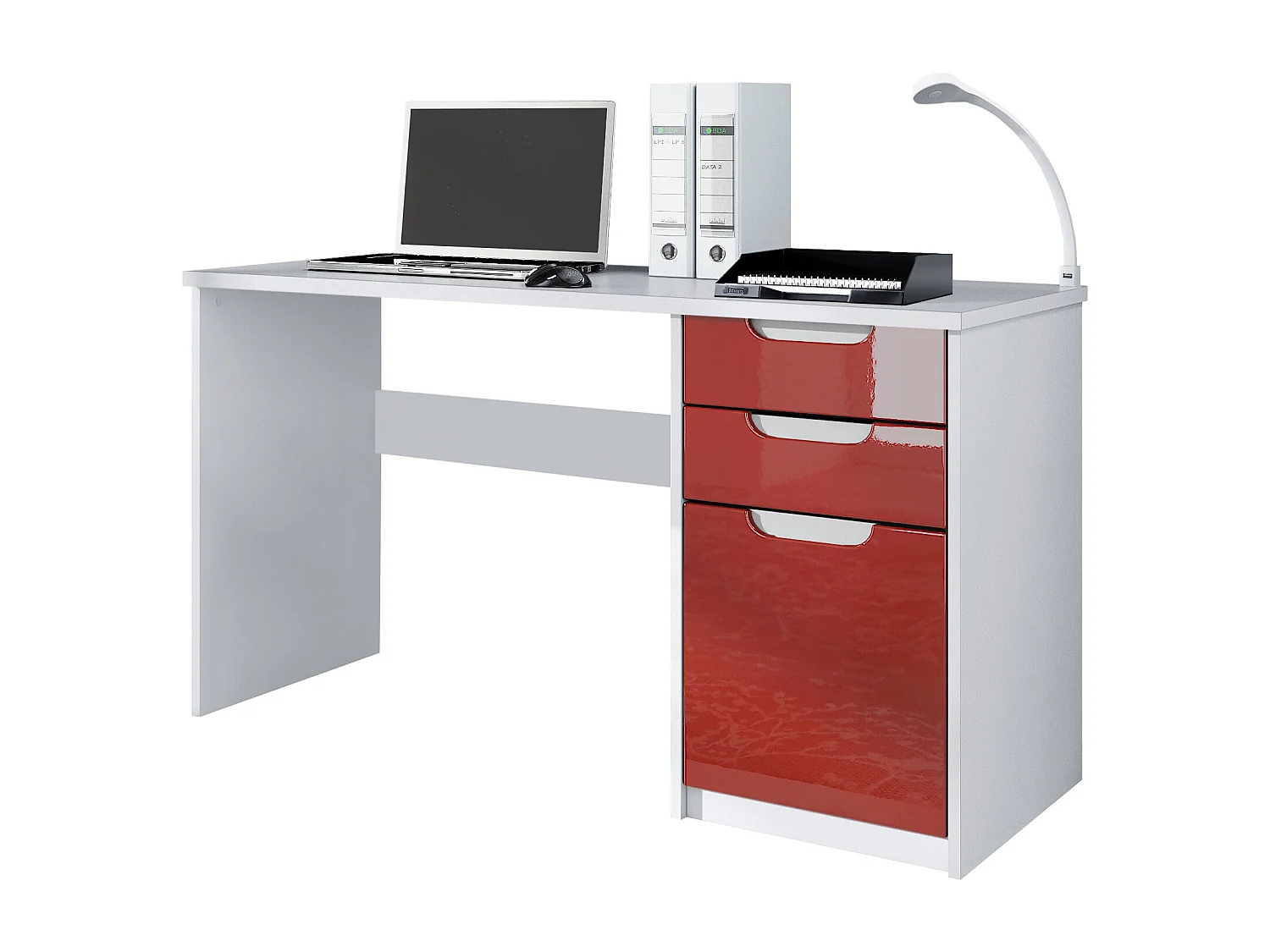 Bureau Logan, Petit bureau avec 2 tiroirs et d’une porte, blanc mat/bordeaux haute brillance (129 x 76 x 60 cm)