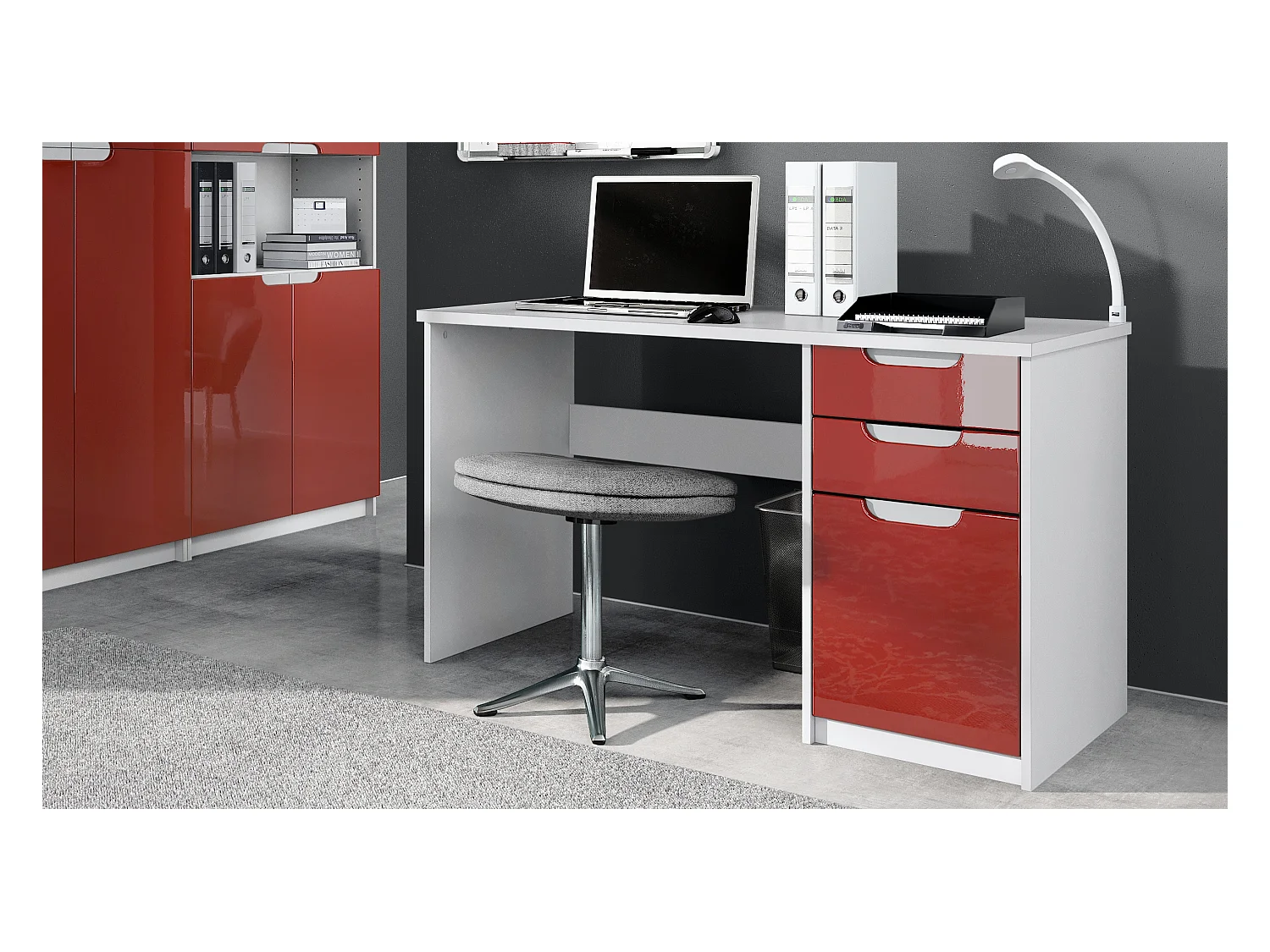 Bureau Logan, Petit bureau avec 2 tiroirs et d’une porte, blanc mat/bordeaux haute brillance (129 x 76 x 60 cm)