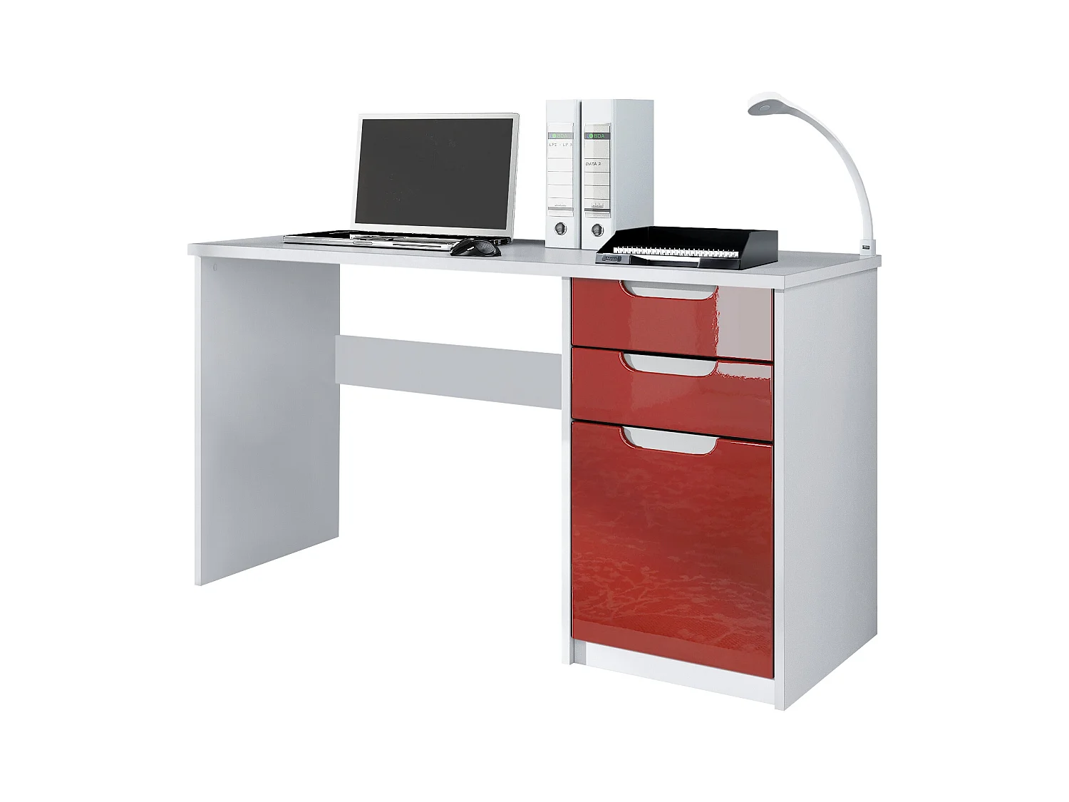 Bureau Logan, Petit bureau avec 2 tiroirs et d’une porte, blanc mat/bordeaux haute brillance (129 x 76 x 60 cm)