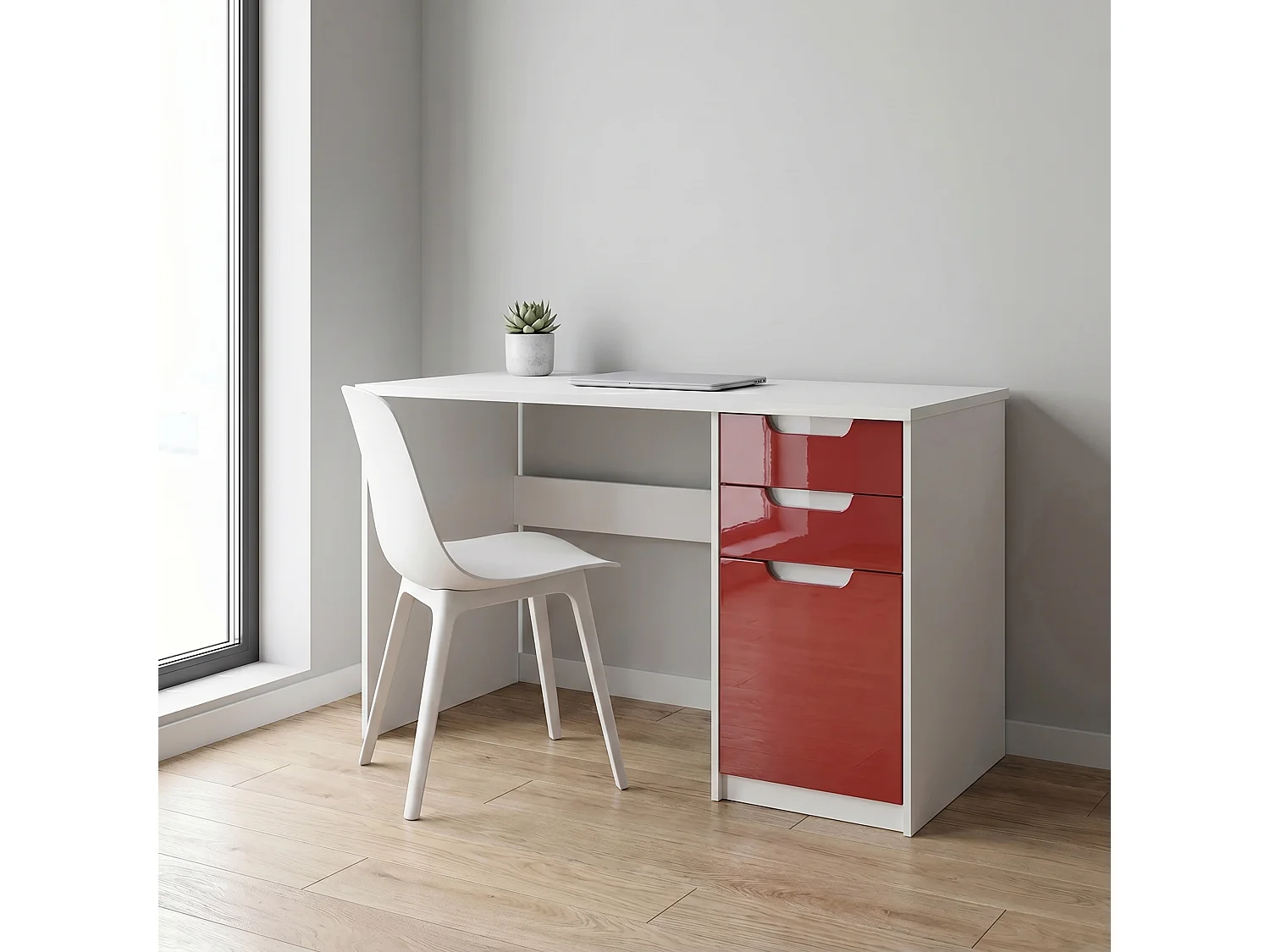 Escritorio Logan, Mesa Oficina con 2 Cajones y 1 Puerta, blanco mate/burdeos de alto brillo (129 x 76 x 60 cm)