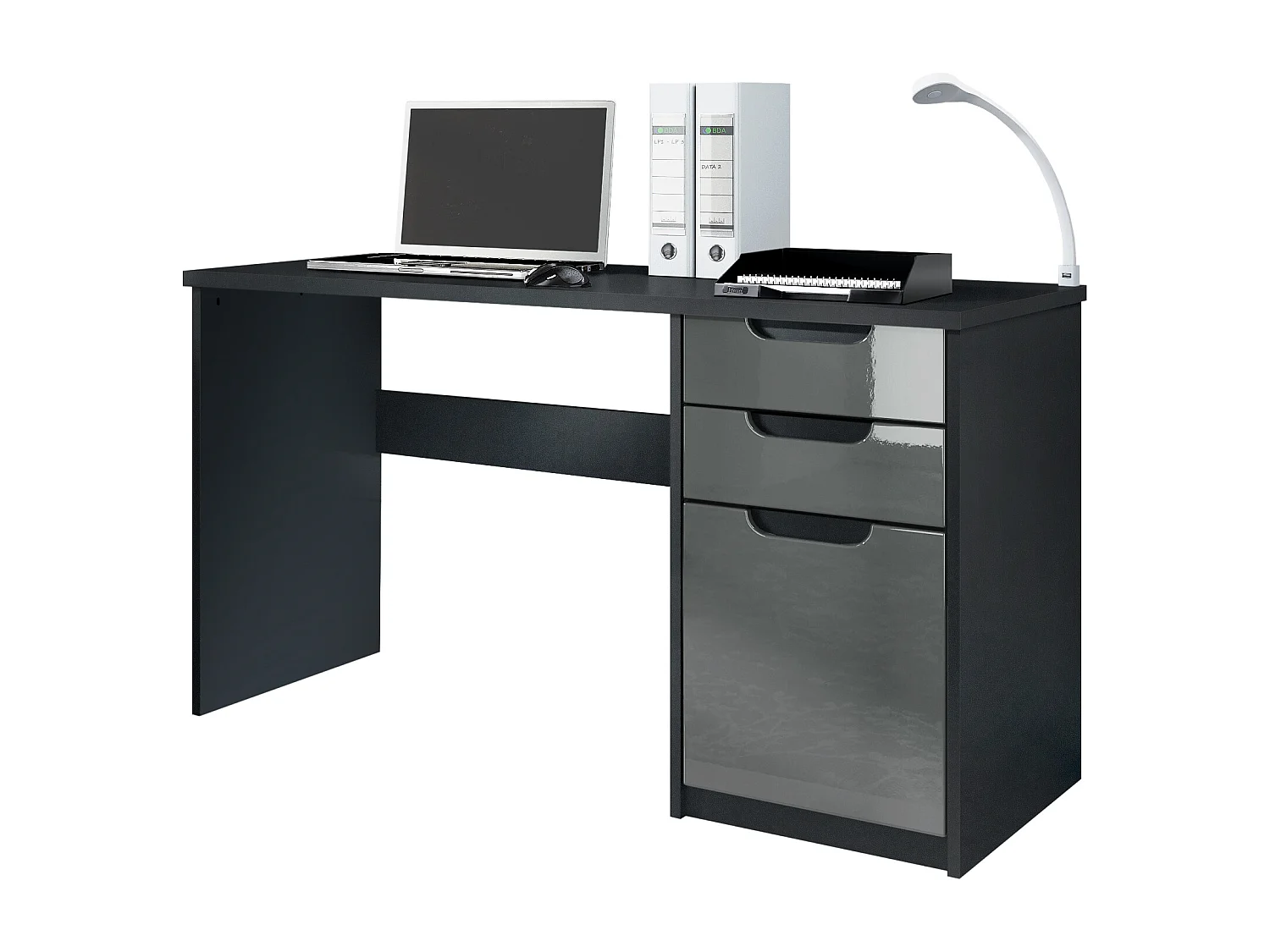 Bureau Logan, Petit bureau avec 2 tiroirs et d’une porte, noir mat/gris haute brillance (129 x 76 x 60 cm)