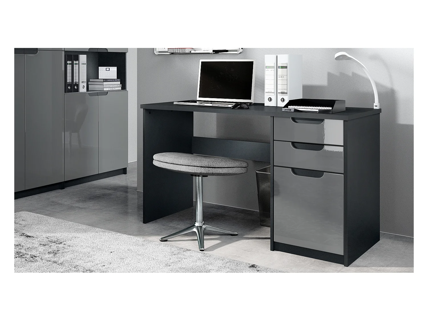 Bureau Logan, Petit bureau avec 2 tiroirs et d’une porte, noir mat/gris haute brillance (129 x 76 x 60 cm)