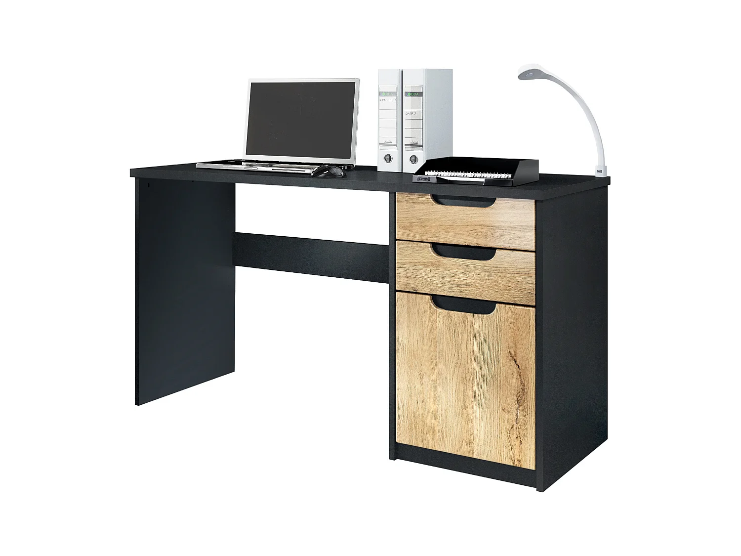 Bureau Logan, Petit bureau avec 2 tiroirs et d’une porte, noir mat/chêne nature (129 x 76 x 60 cm)