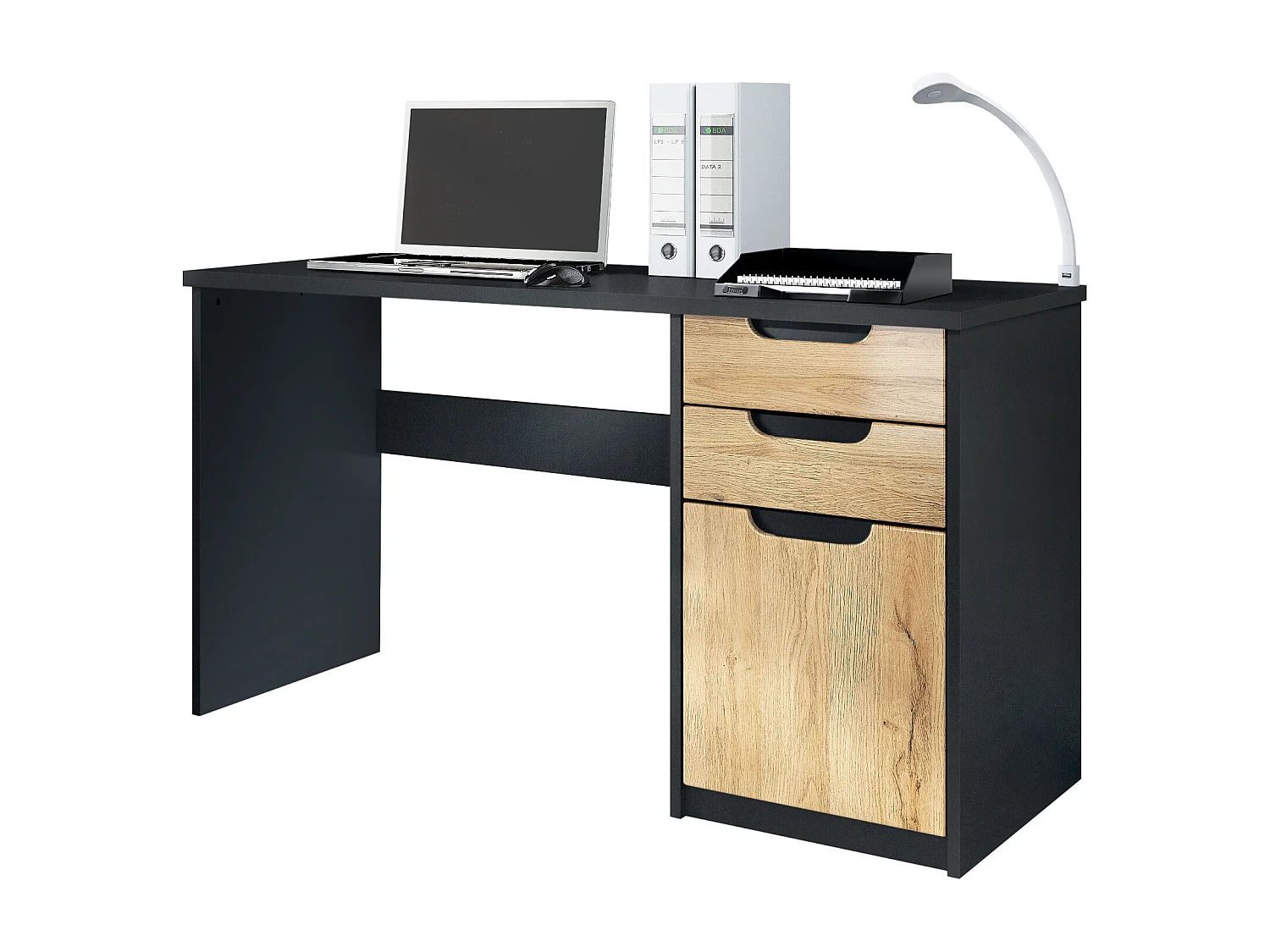 Logan Desk, scrivania per ufficio con 2 cassetti e 1 anta, nero opaco/rovere naturale (129 x 76 x 60 cm)