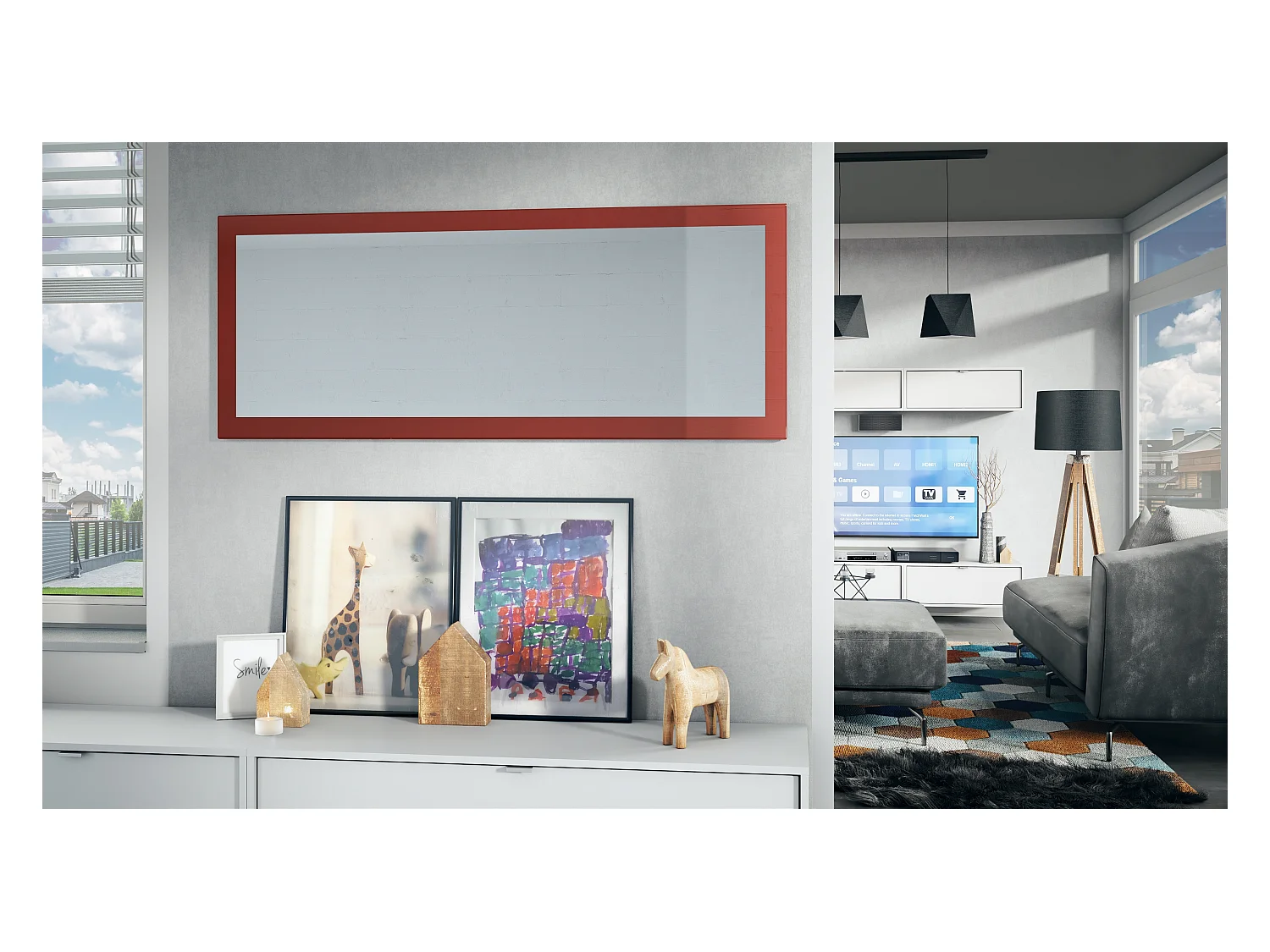 Miroir Lima, Miroir mural avec cadre de style moderne, Blanc haute brillance (139 x 55 cm)