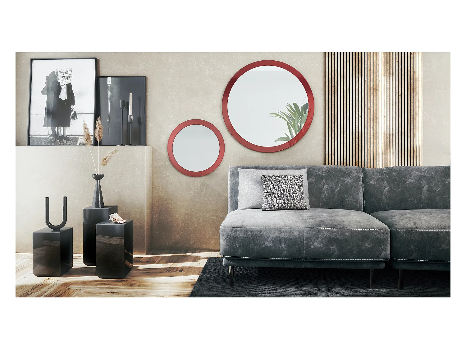 Miroir Globe Set 50 et 80 cm, 2 miroirs muraux ronds décoratifs pour l'entrée et le salon avec cadre en MDF bordeaux haute brillance