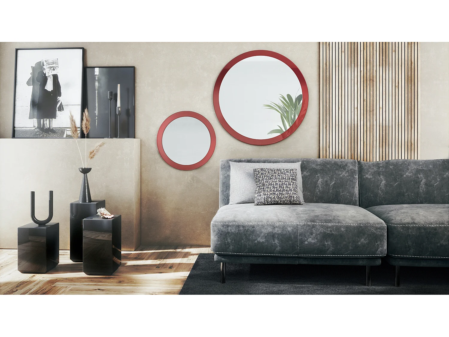 Miroir Globe Set 50 et 80 cm, 2 miroirs muraux ronds décoratifs pour l'entrée et le salon avec cadre en MDF bordeaux haute brillance