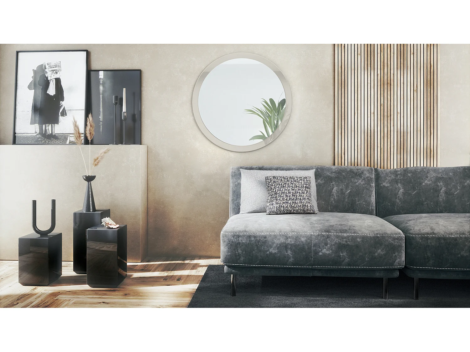 Espejo Globe 80 cm, Espejo de Pared Redondo Decorativo para Recibidor y Sala de Estar con Marco de MDF en gris arena de alto brillo
