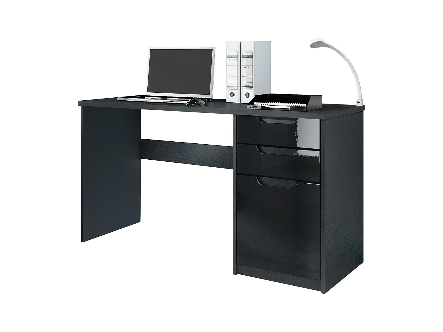 Bureau Logan, Petit bureau avec 2 tiroirs et d’une porte, noir mat/noir haute brillance (129 x 76 x 60 cm)