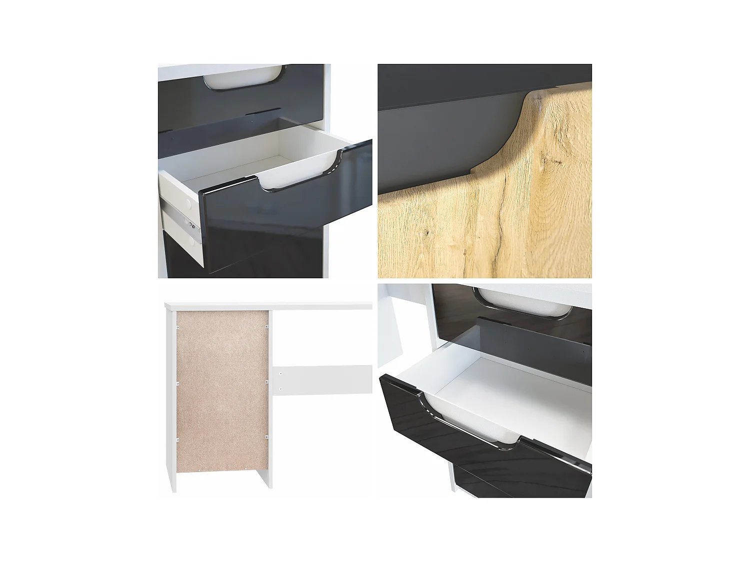 Bureau Logan, Petit bureau avec 2 tiroirs et d’une porte, noir mat/noir haute brillance (129 x 76 x 60 cm)