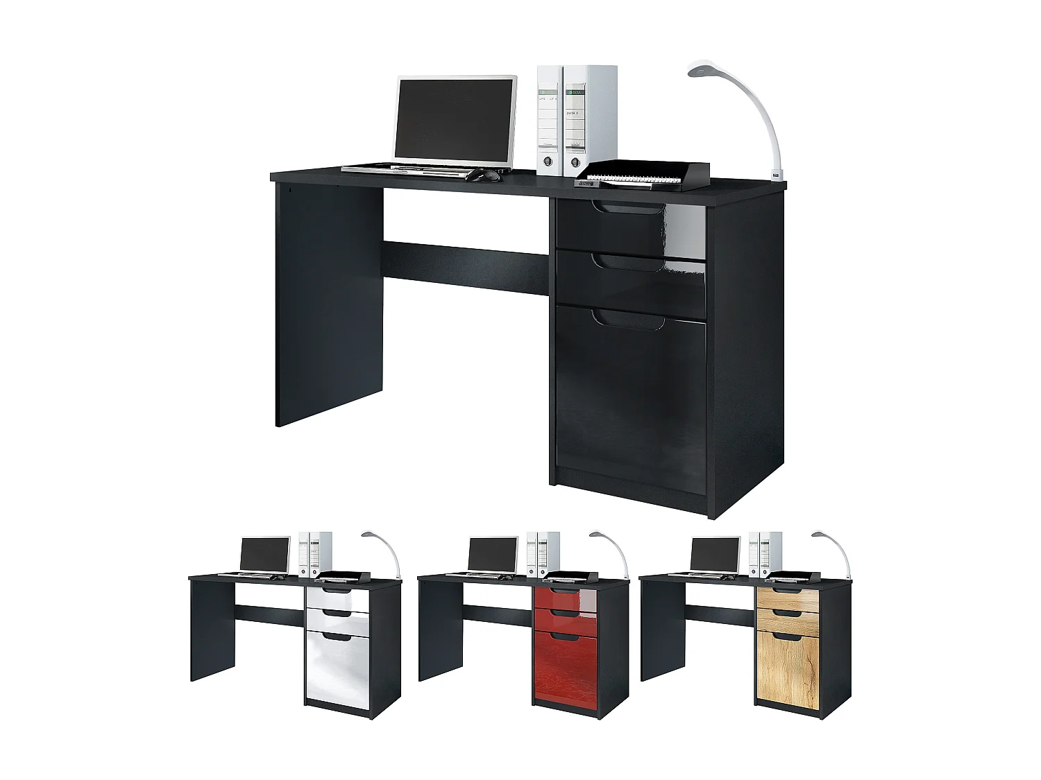 Bureau Logan, Petit bureau avec 2 tiroirs et d’une porte, noir mat/noir haute brillance (129 x 76 x 60 cm)