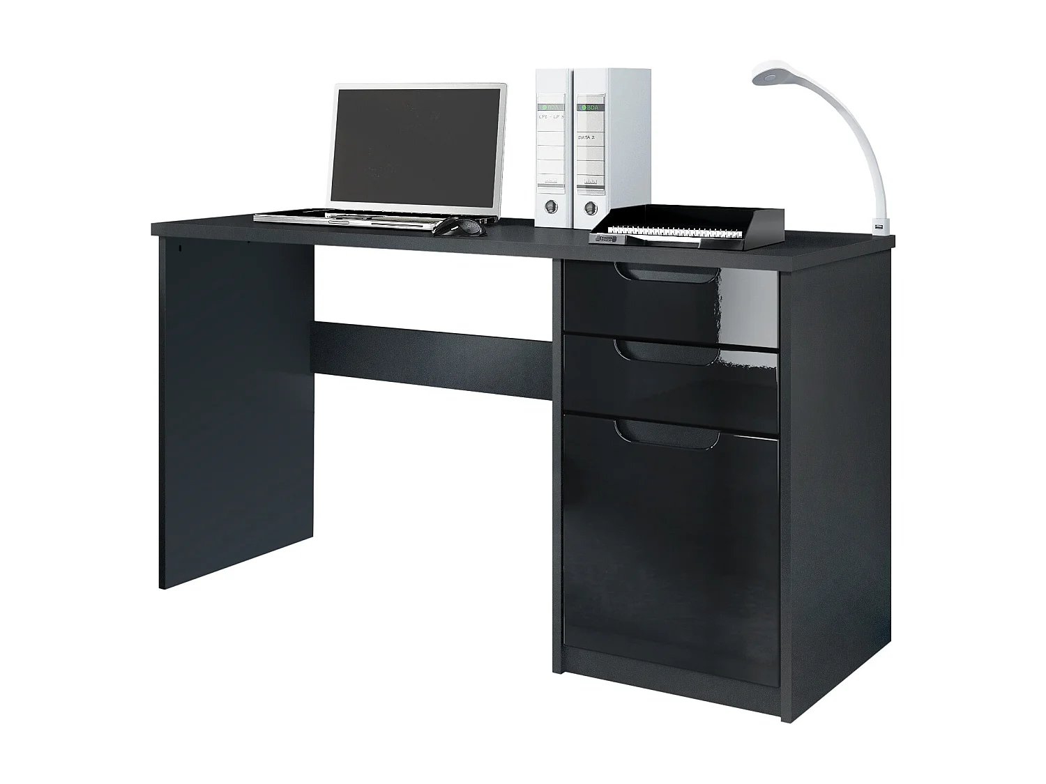 Logan Desk, scrivania per ufficio con 2 cassetti e 1 anta, nero opaco/nero lucido (129 x 76 x 60 cm)