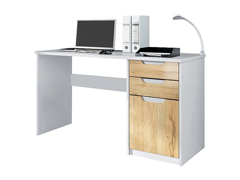Escritorio Logan, Mesa Oficina con 2 Cajones y 1 Puerta, blanco mate/roble natural (129 x 76 x 60 cm)