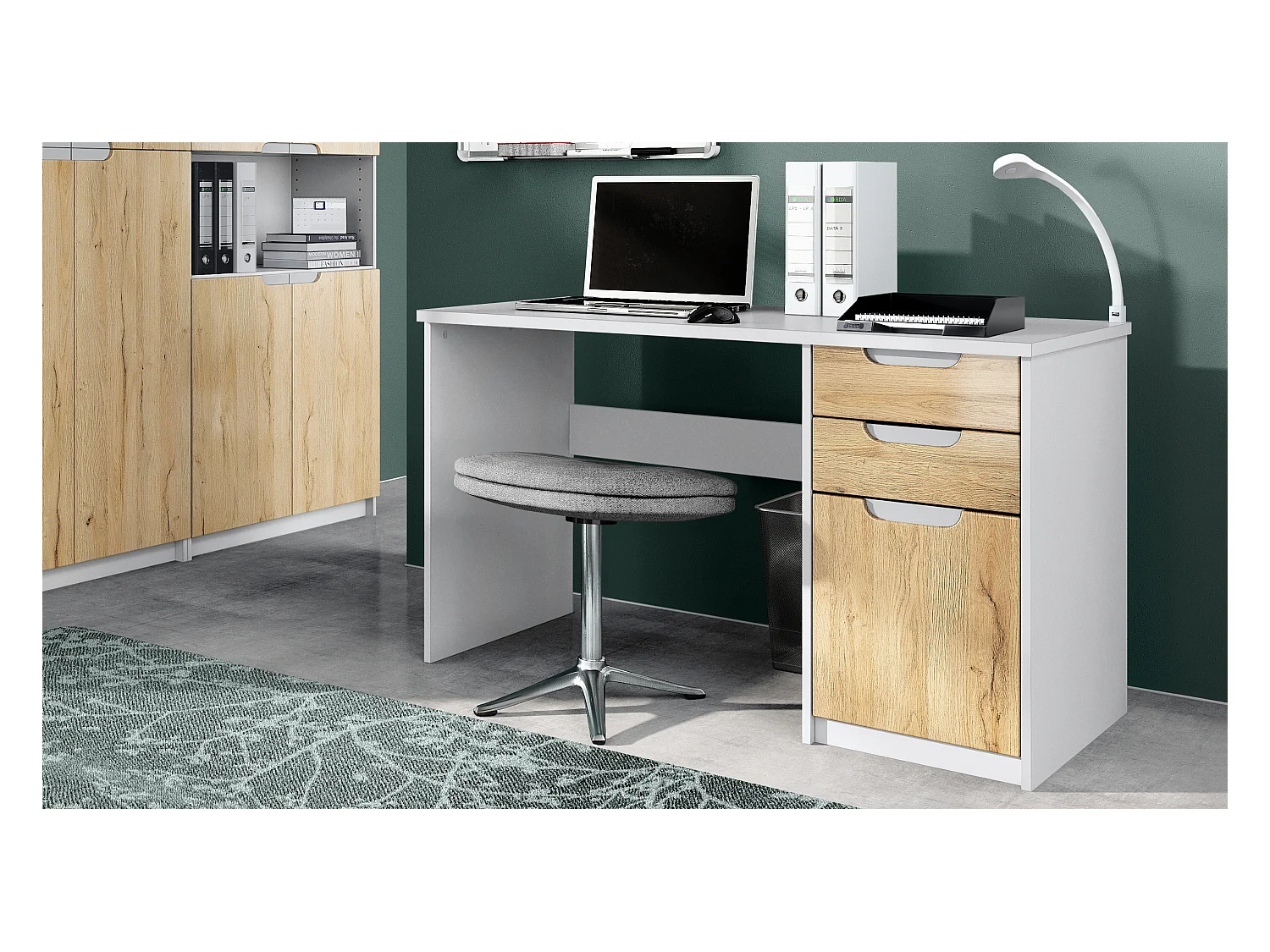 Bureau Logan, Petit bureau avec 2 tiroirs et d’une porte, blanc mat/chêne nature (129 x 76 x 60 cm)