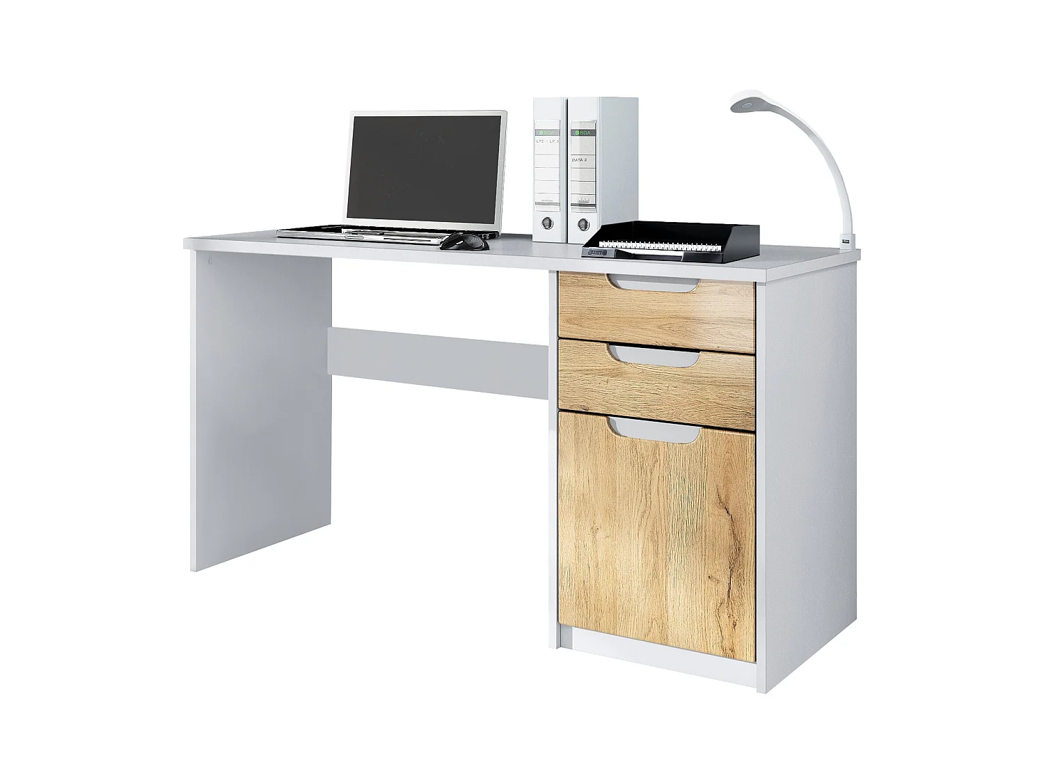 Bureau Logan, Petit bureau avec 2 tiroirs et d’une porte, blanc mat/chêne nature (129 x 76 x 60 cm)